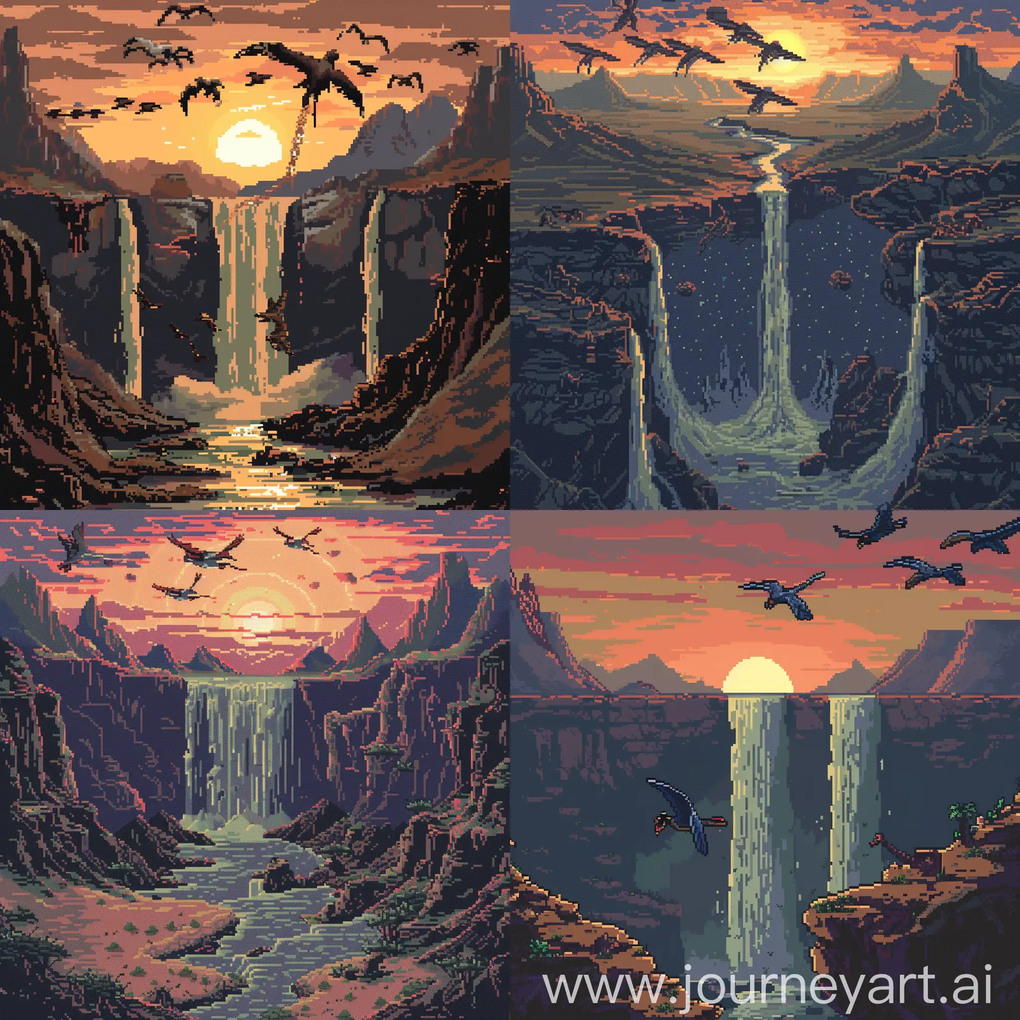 Pixel art. A Desert on unknown planet. Sunset. Mountains. Giant waterfall. unknown creatures, look like a mix of birds and lizards, are flying over waterfall