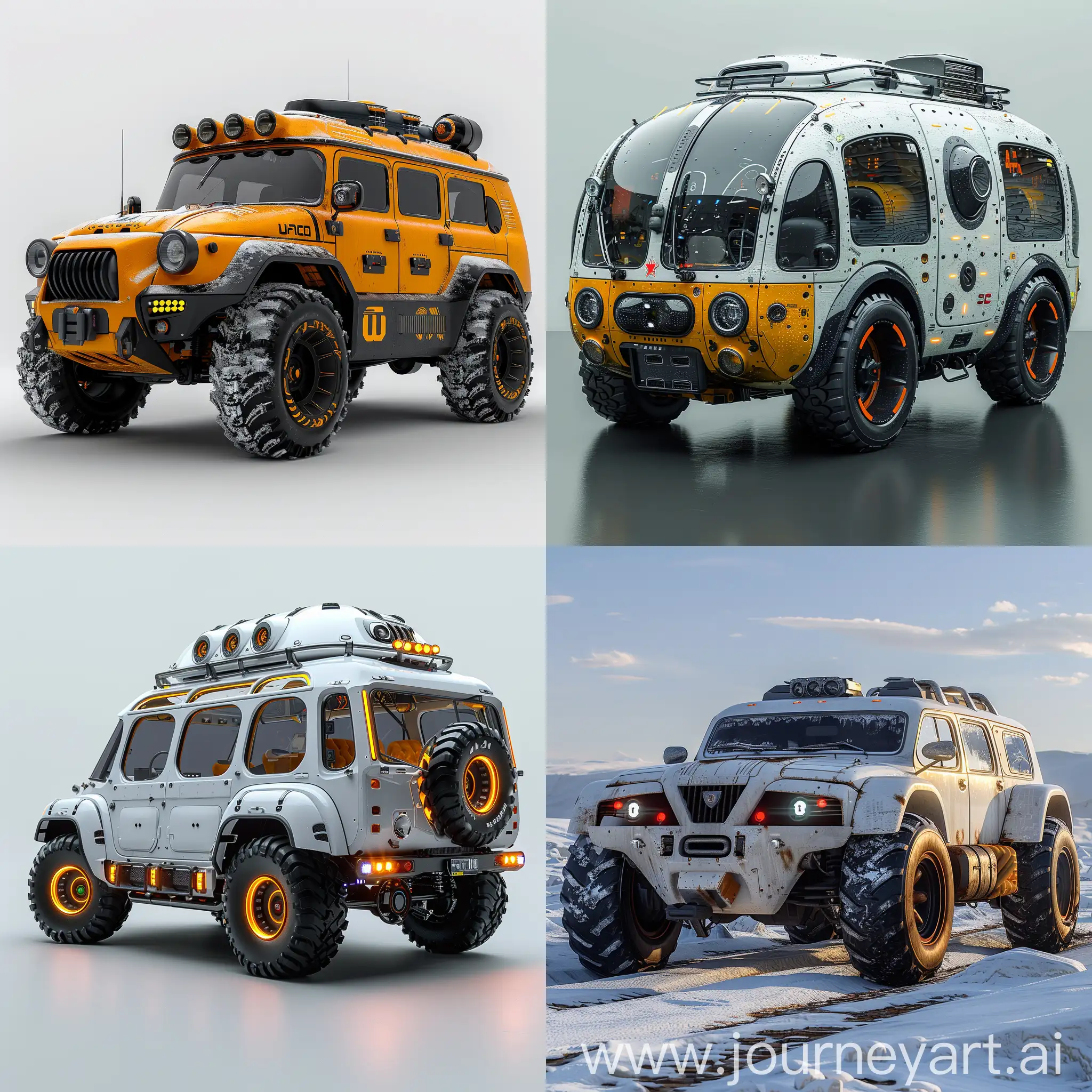 Futuristic UAZ-452, futuristic style of high tech, carbon footprint protection, octane render --stylize 1000