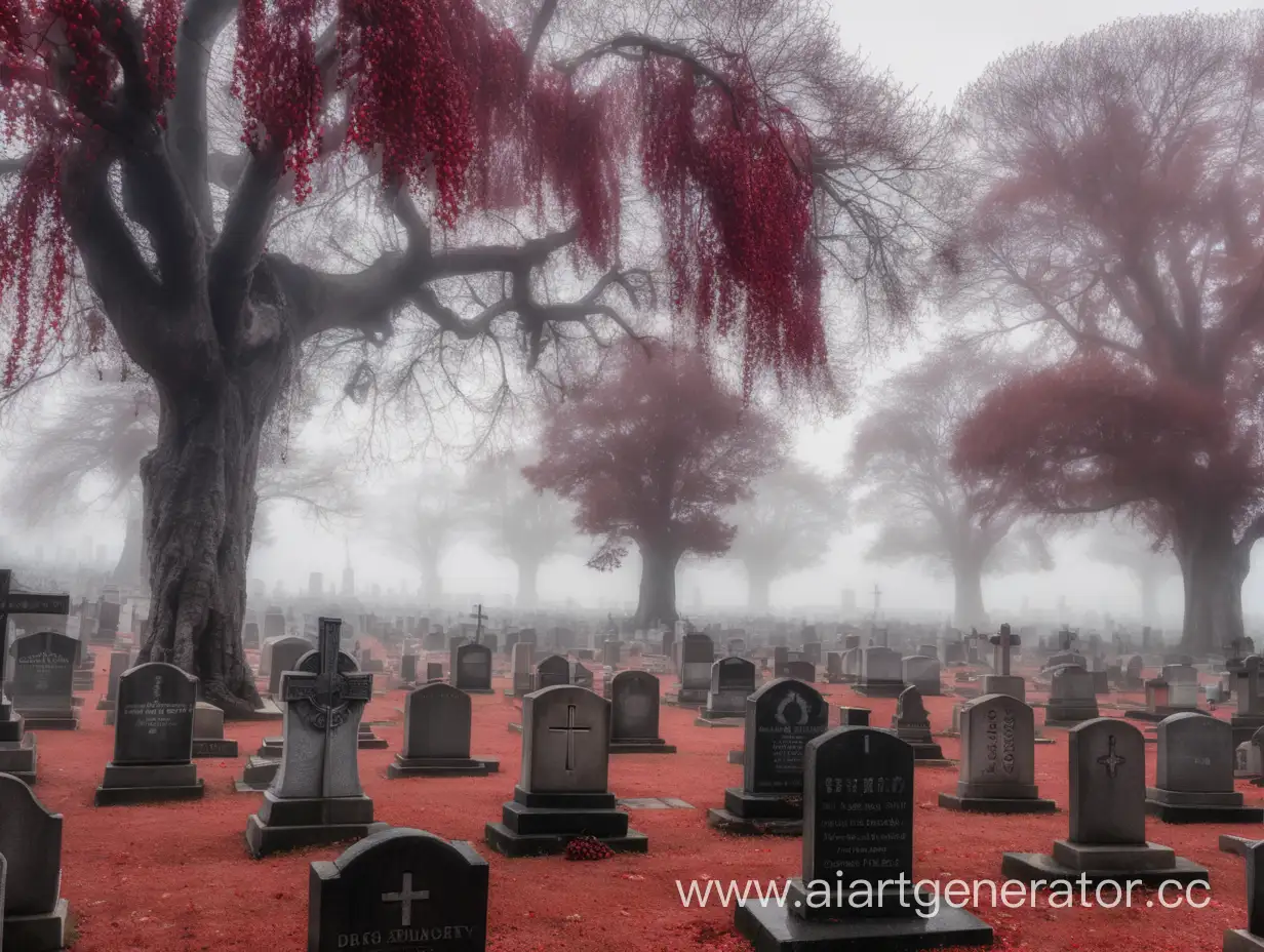 A huge endless cemetery, with many graves and a faint fog, in the middle of the cemetery there is a huge tree with red fruits.