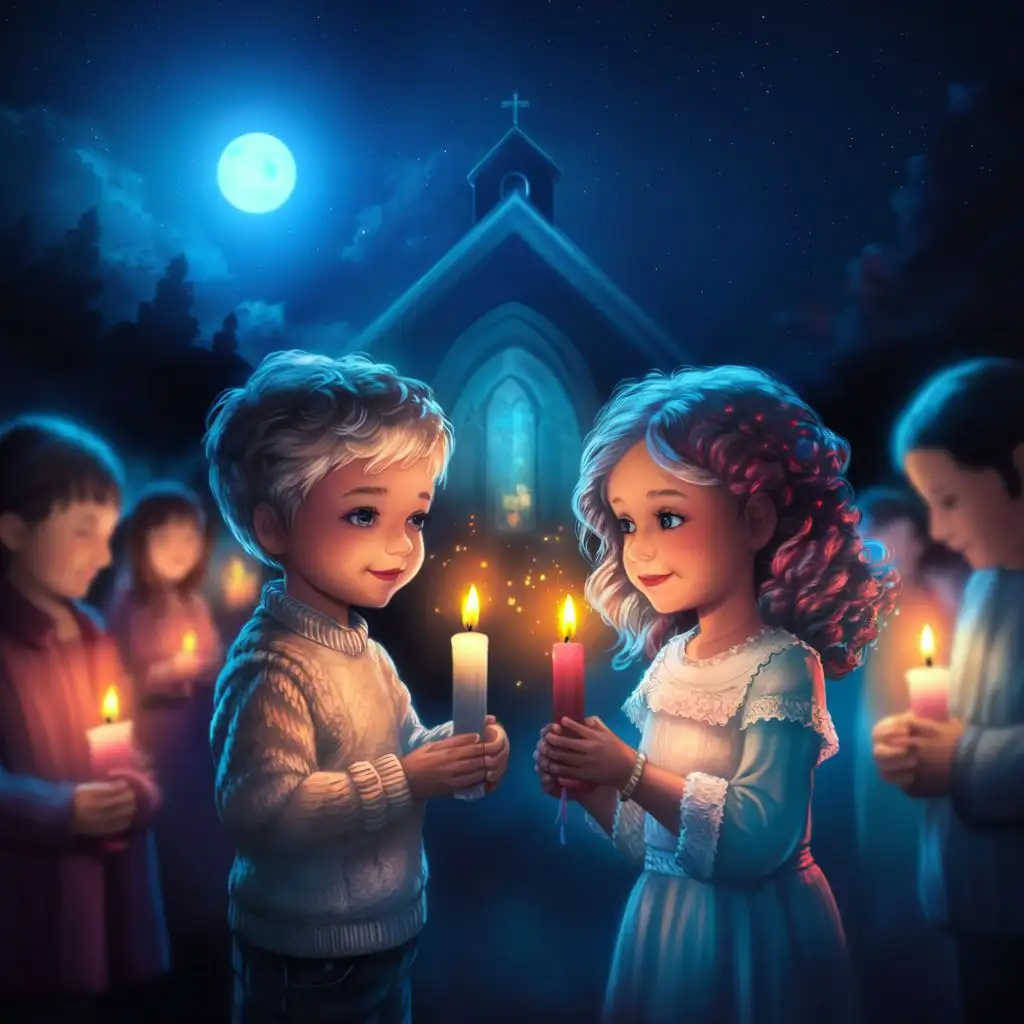show a beautiful boy and a beautiful girl each holding a candle and looking at the flickering light , night , church in the background slightly blurred, moon light, blurred people in the background holding candles themselves , month of may season 