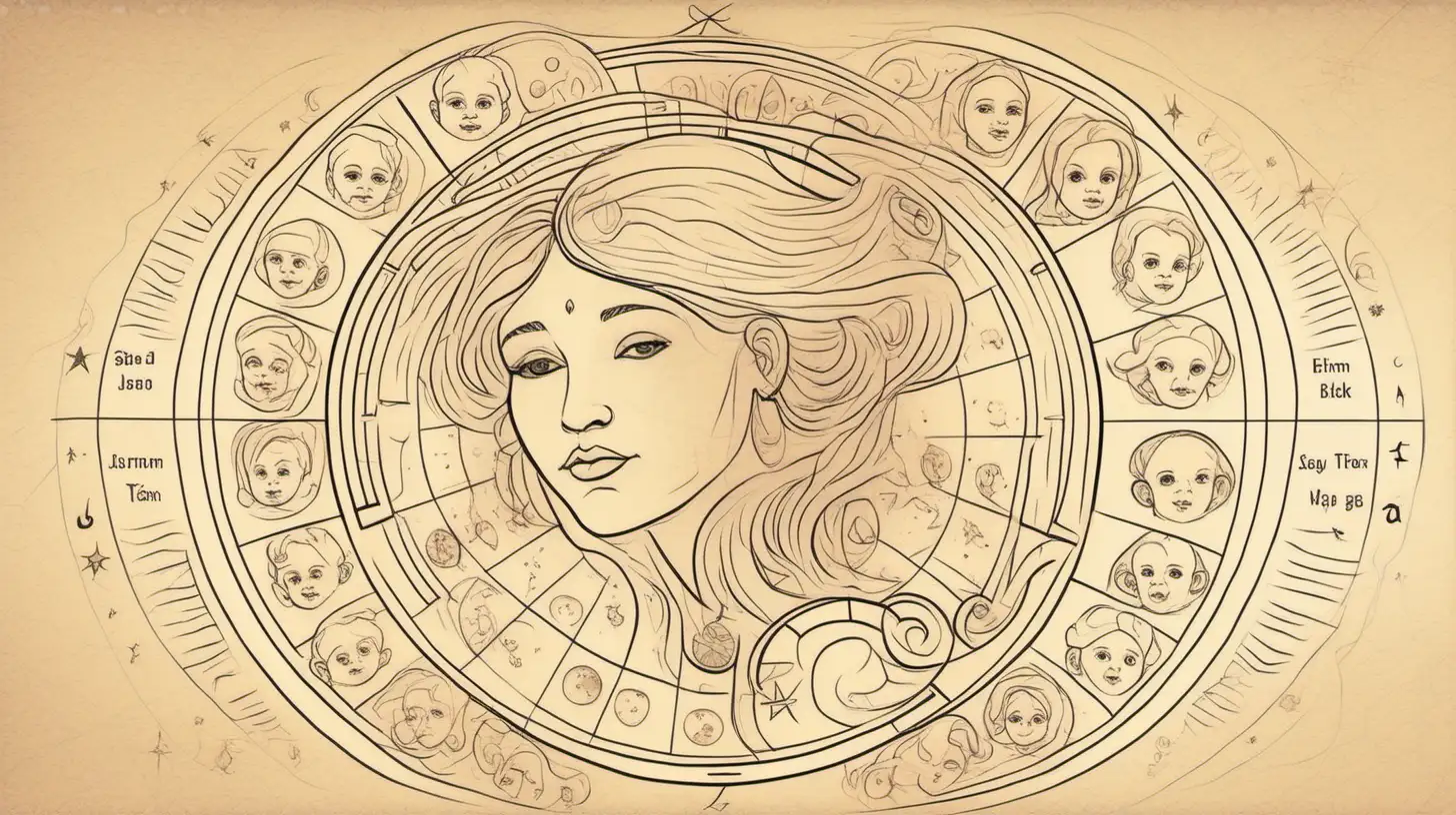 Draw An astrological wheel with mother and baby faces . Loose lines. Muted color, add a label write on text