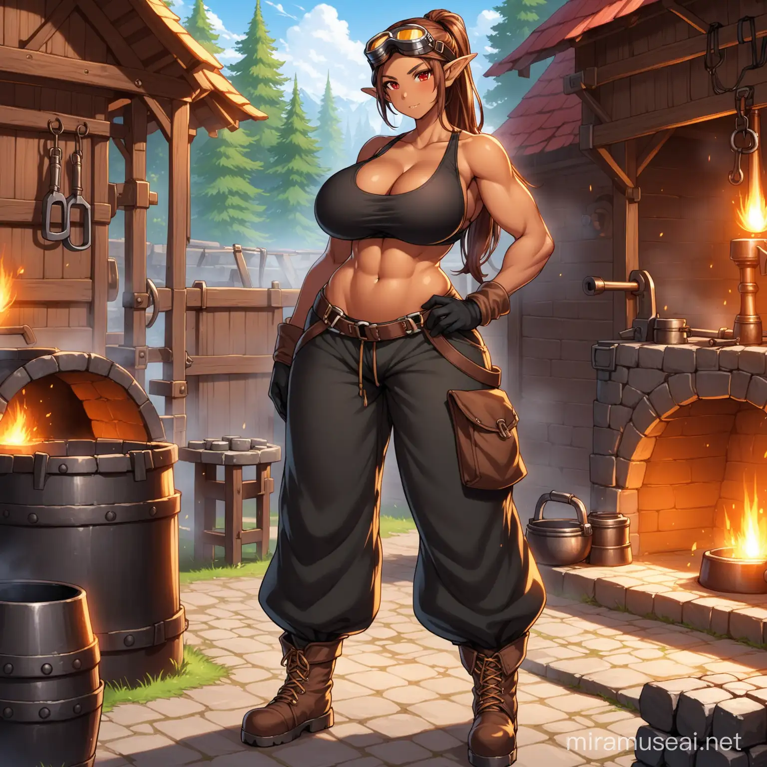 Tall, female, elf, long ears, tan skin, brown hair, ponytail, red eyes, huge breasts, massive breasts, wide hips, black sportsbra, cleavage, baggy pants, black pants, black gloves, big boots, forge, blacksmith, goggles on head, exposed stomach