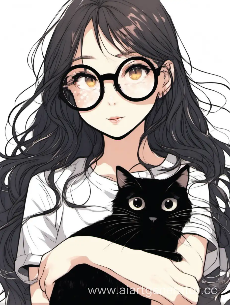 Adorable-Girl-with-ShoulderLength-Hair-and-Her-Black-Cat-Companion