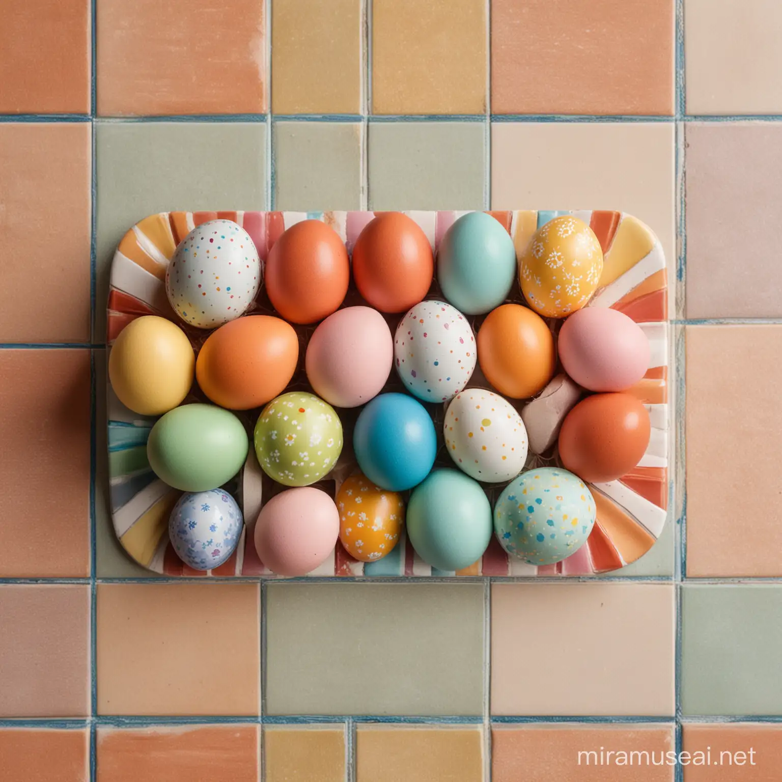 Vibrant Easter Eggs Arranged on Colorful Tiles