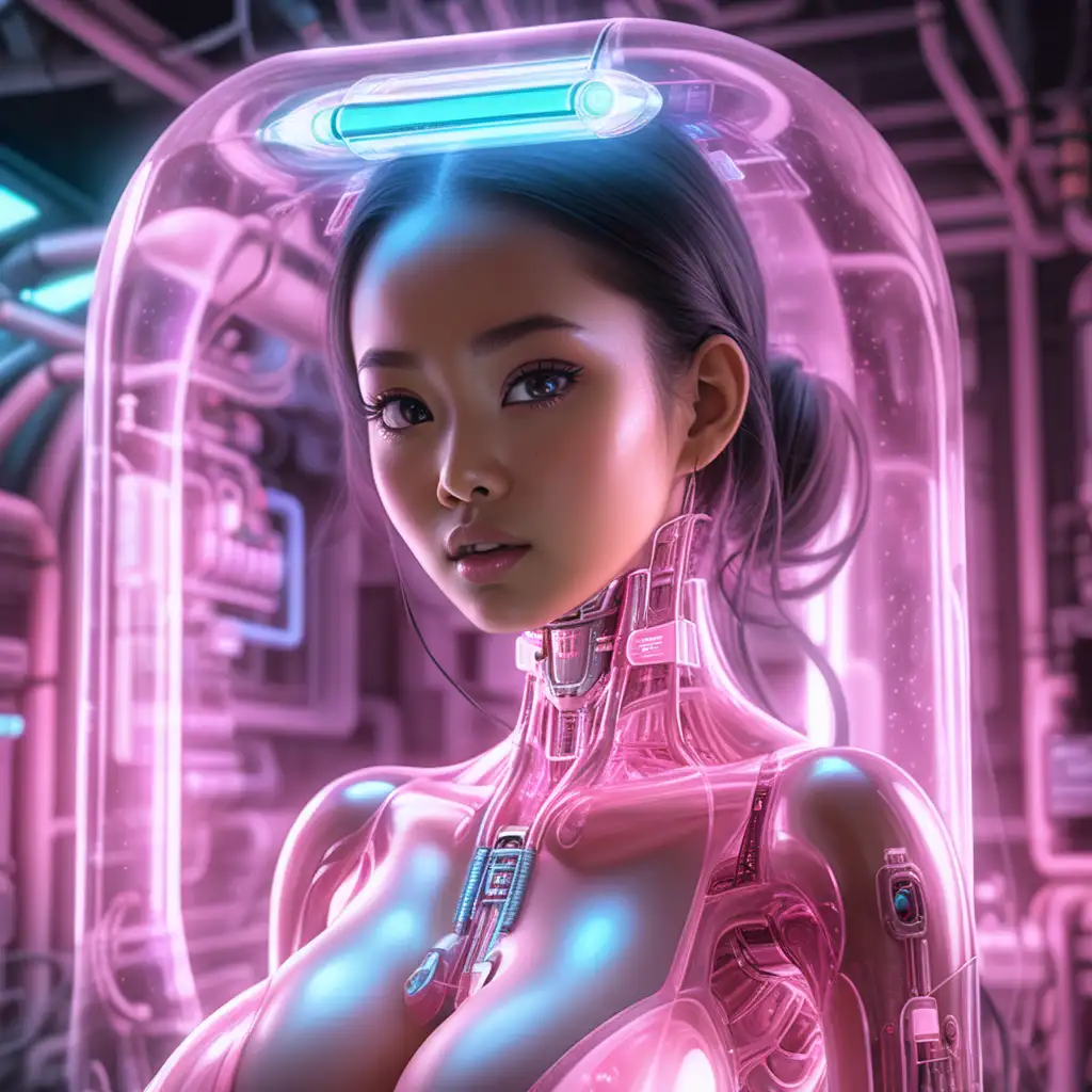 AI materialising in a huge horizontal tube glowing, transparent pink electronic goo, dim, slight pink, spaceship laboratory, energy fusion of beautiful Indonesian woman with huge breasts mutating electronic face