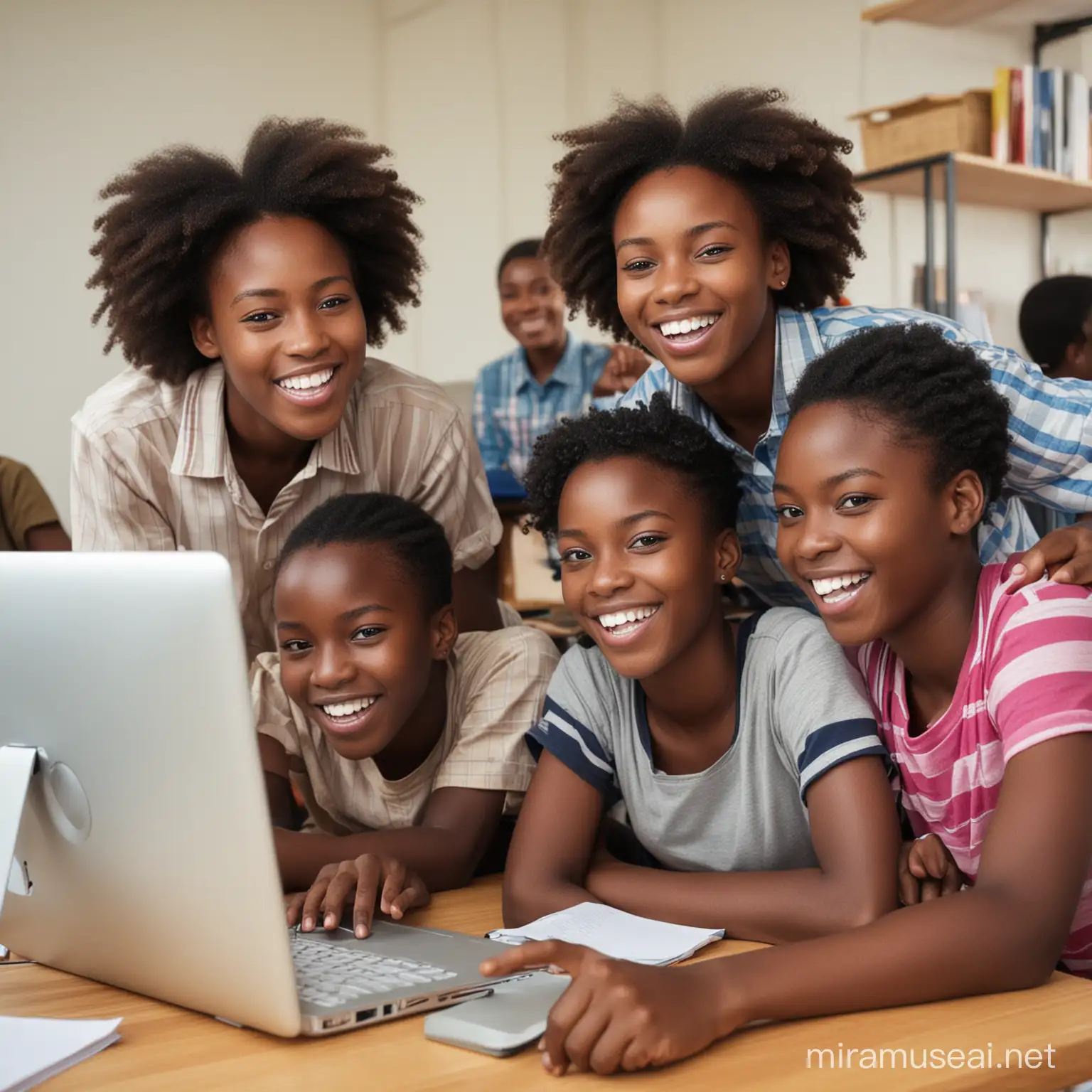 des élèves africains devant un ordinateur tous joyeux