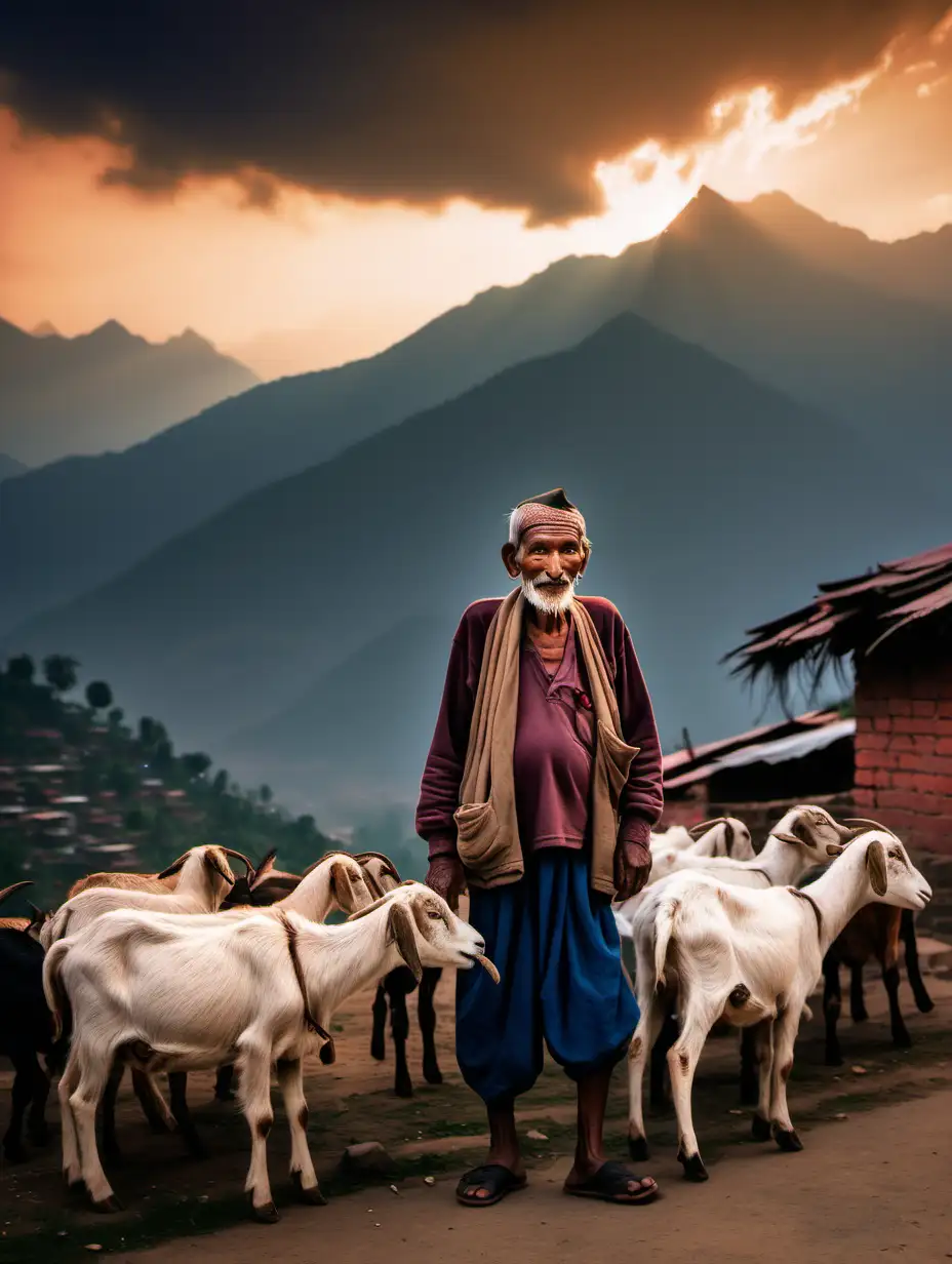 An old man in a beautiful village in Nepal,Grazing the goats he raised ,sunset time,mountain view in background,dramatic sky,sony R iv camera, 200 mm G master  lens,intance mood,meximum shallow depth of field