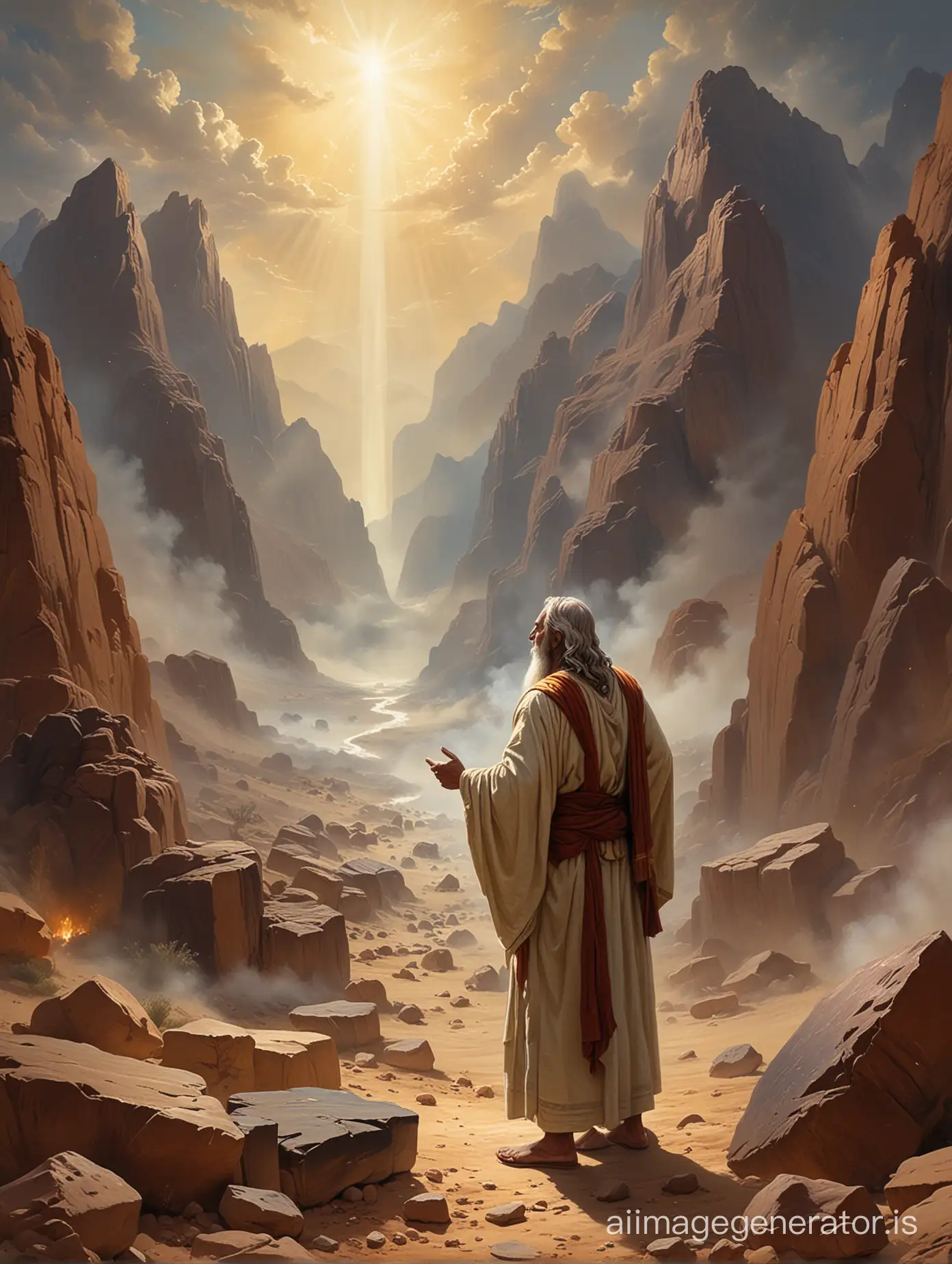 Create an oil painting that portrays the biblical moment when Moses descends Mount Sinai, holding the Ten Commandments stone tablets. The scene unfolds in a dramatic and awe-inspiring landscape. Moses, a venerable figure with a flowing beard and robes, stands prominently at the center, his face glowing with a radiant light indicating his divine encounter. He holds two large stone tablets, inscribed with the commandments, firmly in his hands.

The background features the rugged, imposing slopes of Mount Sinai stretching upwards, shrouded in a mix of mist and celestial light that seems to emanate from the peak, suggesting the presence of the divine. The sky above is a dynamic canvas of swirling clouds, perhaps reflecting the turbulent emotions of the moment—awe, reverence, and solemnity.

Below, the Israelites can be glimpsed in the distance, their faces turned upward in anticipation and awe as they await Moses’ descent. The painting should capture the pivotal moment of religious revelation with a profound sense of majesty and gravity, emphasizing themes of law, guidance, and divine interaction. The color palette is rich with earthy tones of the mountain and vibrant lights to highlight the supernatural aspect of this event.
