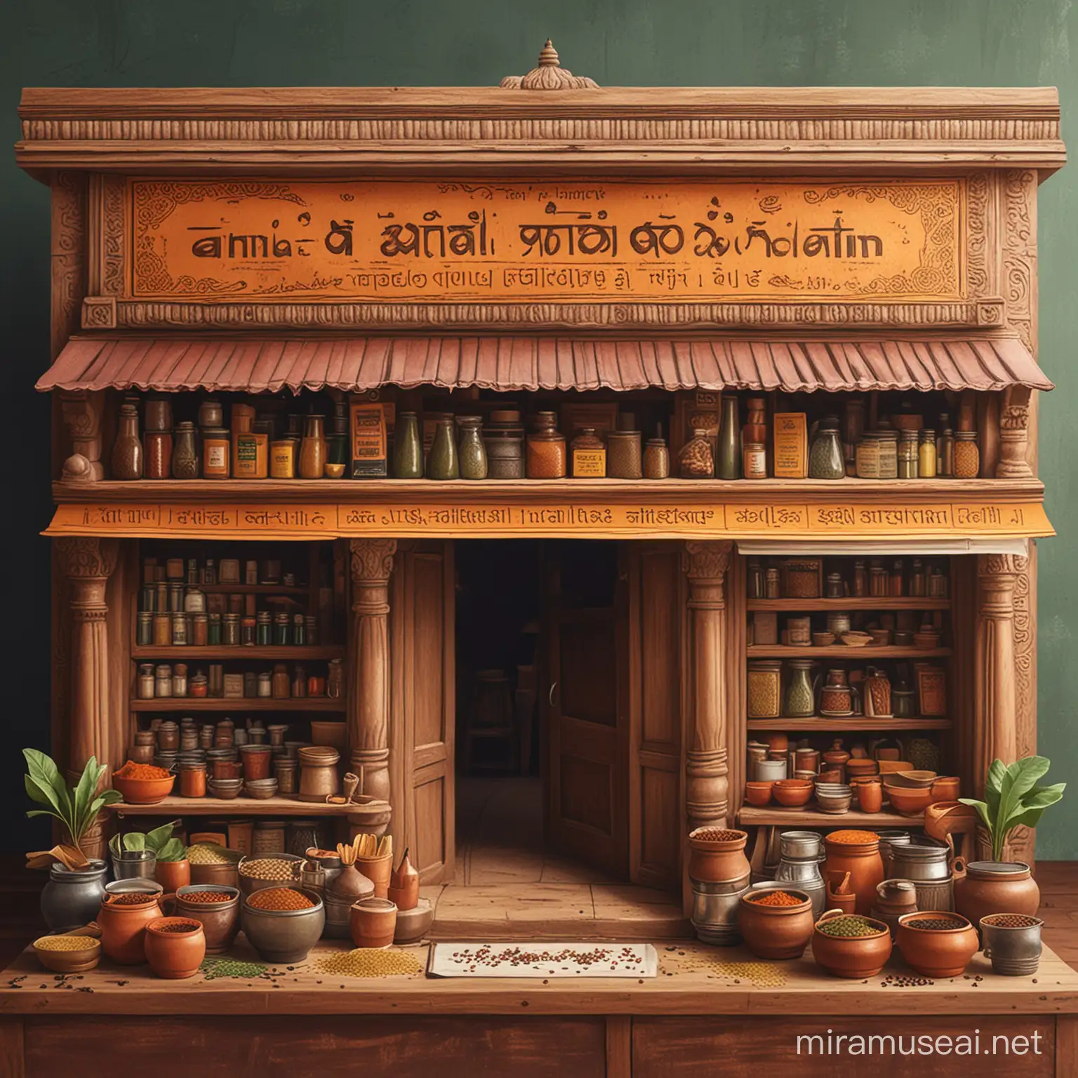 Make a simple close up illustration of an ancient Indian spice shop with Tamil architecture with a board on top