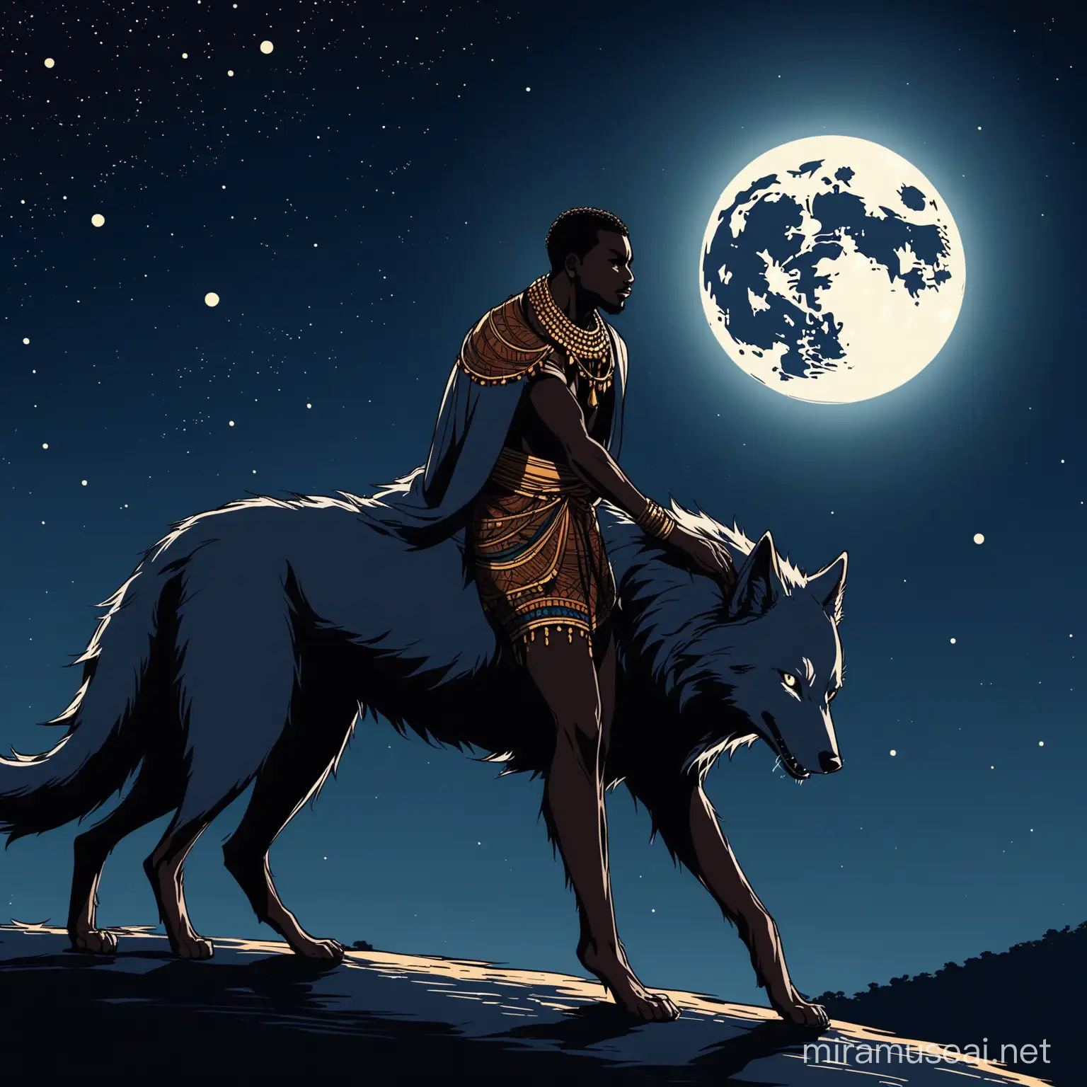 An image of African prince turning into a wolf at full moon in the night 
