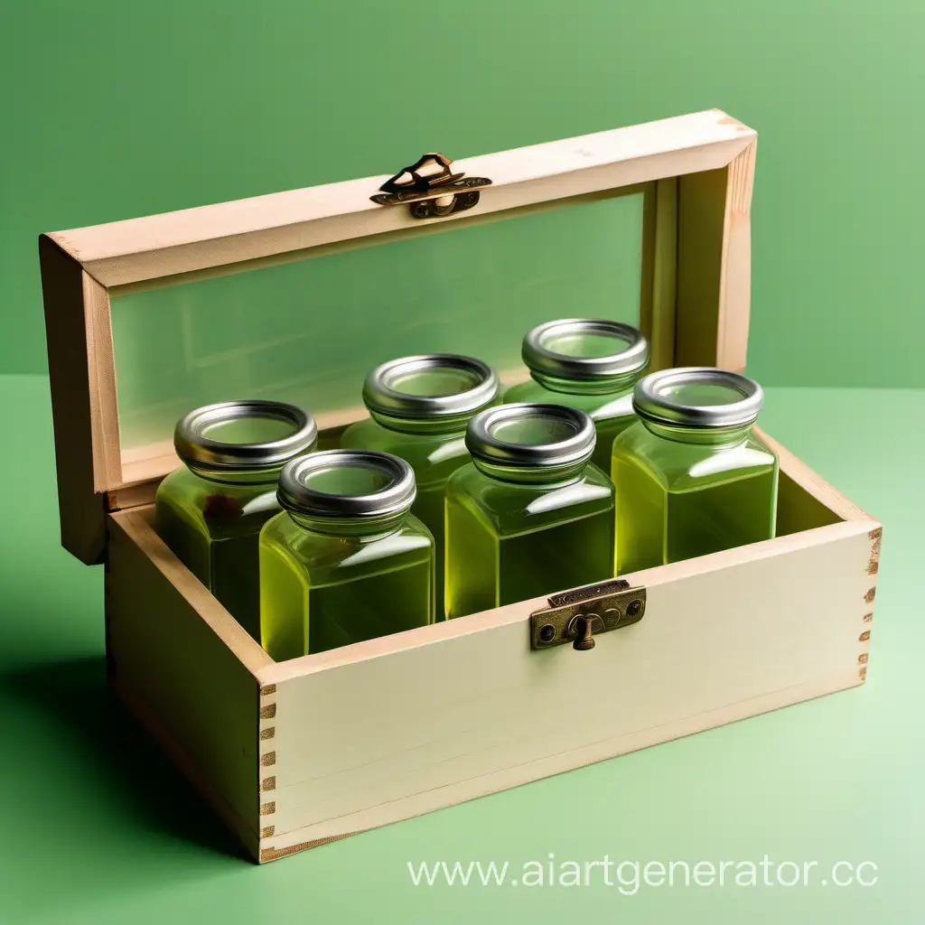 Набор чая в маленький стеклянных баночках в деревянной коробочке светло-зеленого цвета с небольшим прозрачным окошком, без каких-либо логотипов и брендов