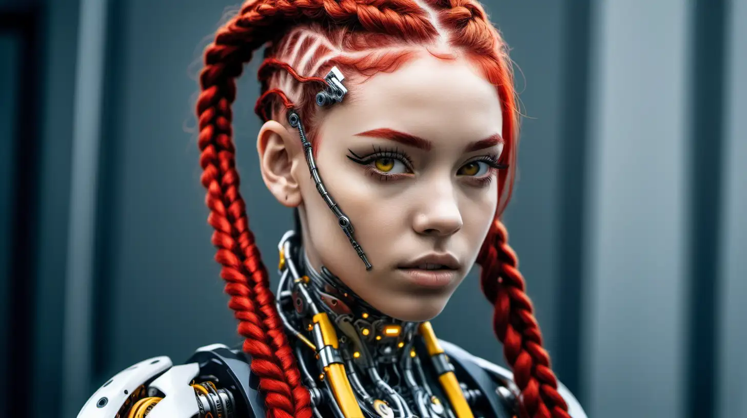 Gorgeous cyborg woman, 18 years old. She has a cyborg face, but she is extremely beautiful. Wild hair, futuristic braids. Red braids, yellow, braids, black braids. Many braids. European cyborg woman, white woman cyborg. Yellow. European face.