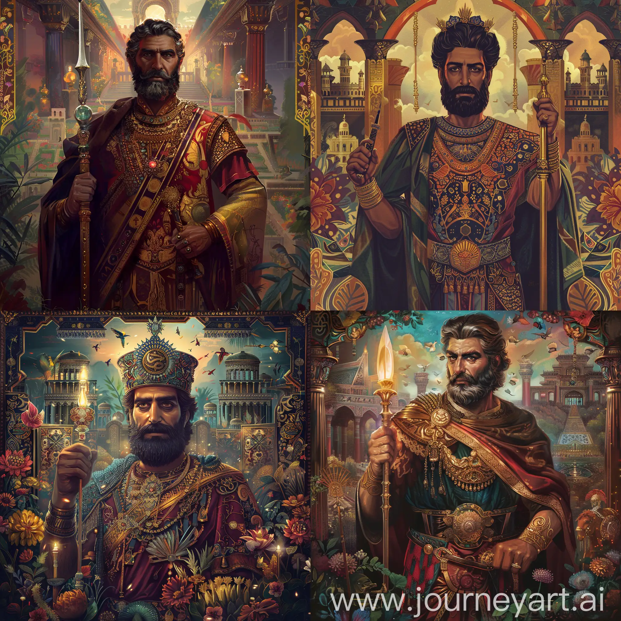 Create a portrait of Cyrus the Great, the founder of the Achaemenid Empire, depicting him in regal attire with a confident expression, perhaps holding a scepter or sword to symbolize his leadership and military prowess. Surround him with elements representing the Persian Empire's cultural and architectural achievements, such as palaces, gardens, and intricate patterns. Ensure the lighting highlights his features and adds a sense of grandeur to the scene.