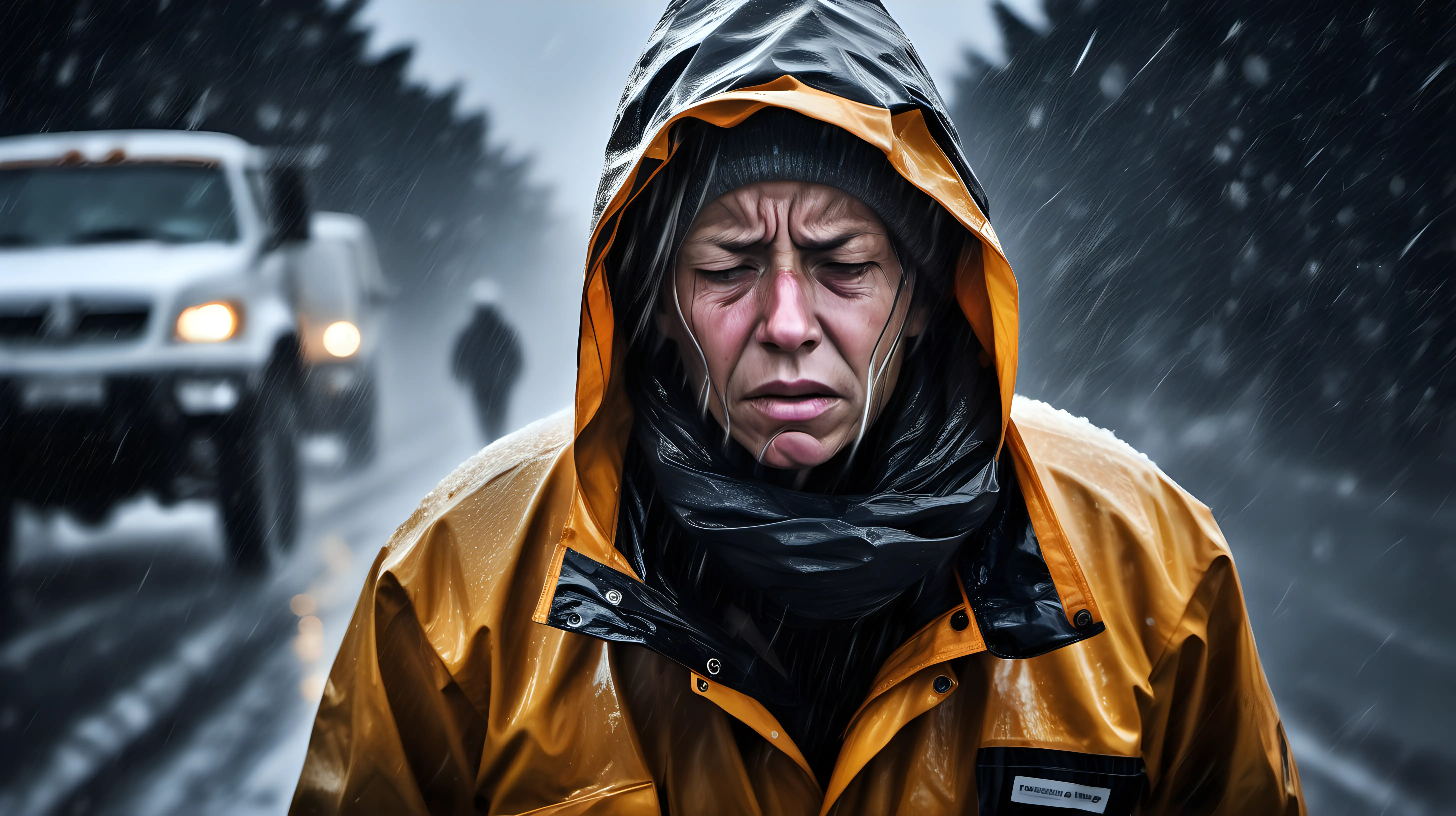 Capture the essence of a person working in adverse weather conditions, battling the elements with a tired but resolute expression, symbolizing the perseverance required in challenging circumstances.