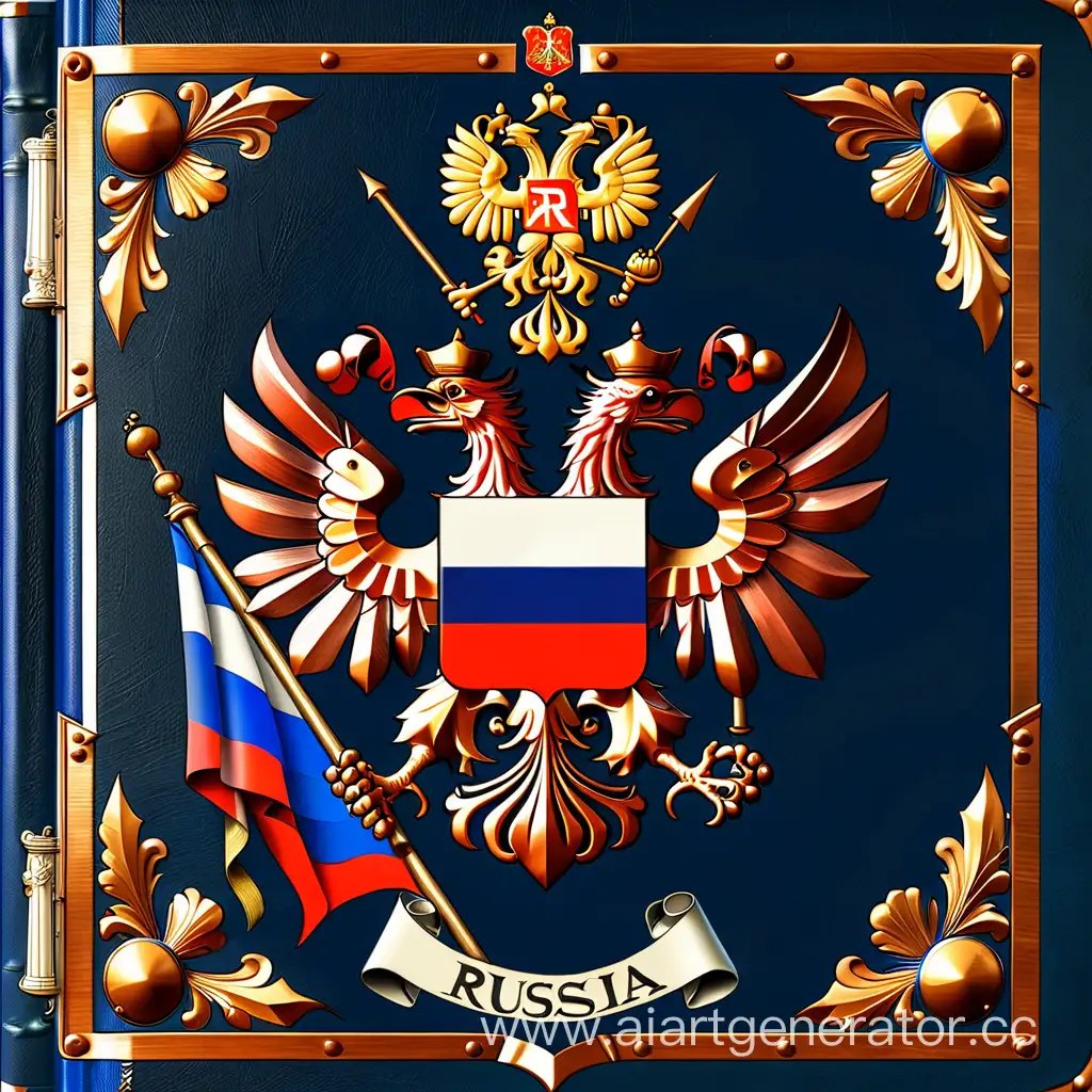 герб России медного цвета у которого в центре флаг России, а герб находиться на книге тёмно-синего цвета с золотой окантовкой