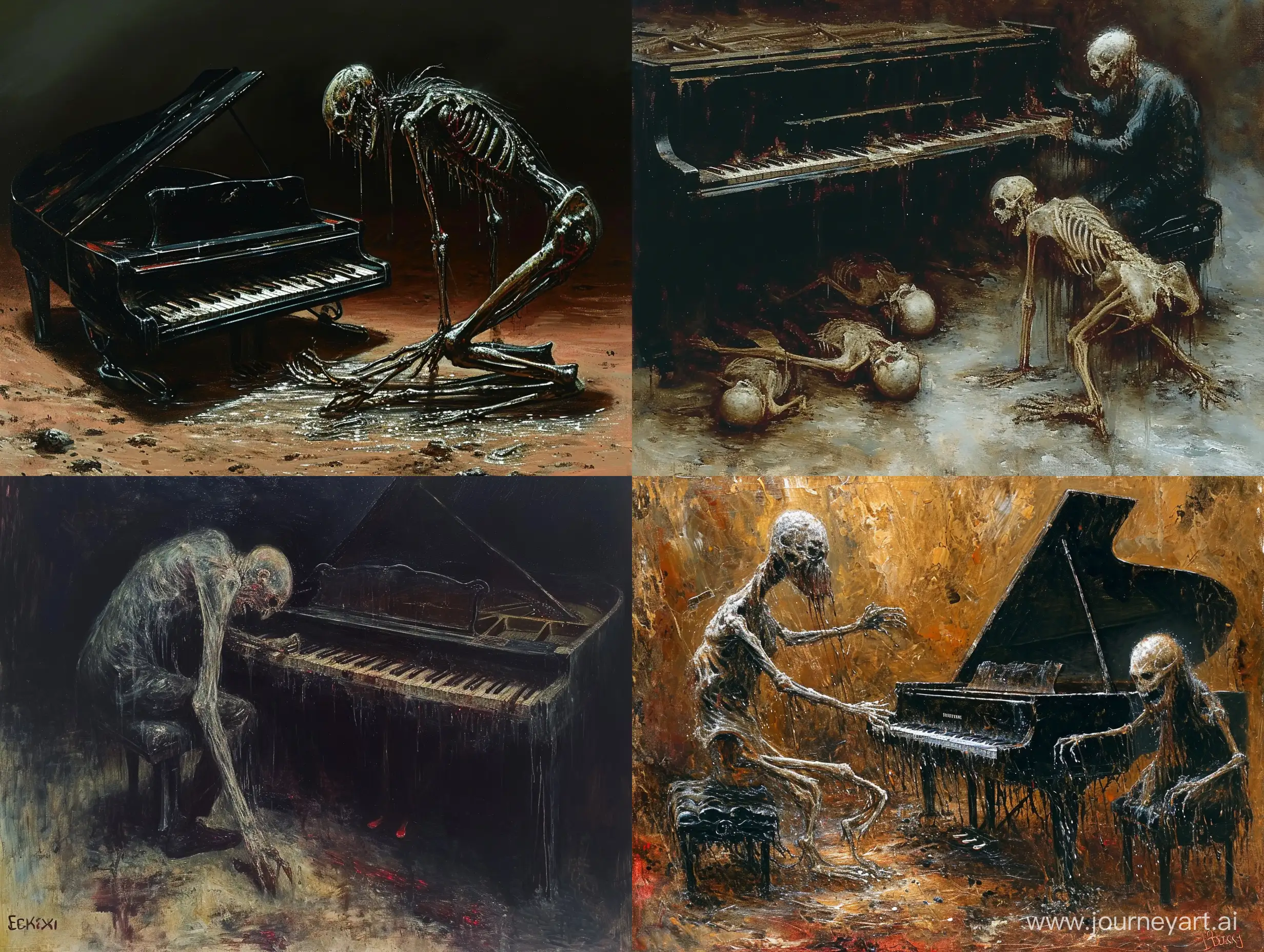  staggering on the ground  ./ Beksiński /style painting darknes vampirez paraboiledb beautyfull wet efekt multiple shrunken biology hybrid with human+ Psittrigomogchas splendex fulgidsus+Tropheus Bemba , pointillism expressionism teraforming piano player for hybrid painted by Beksiński hybrids 
