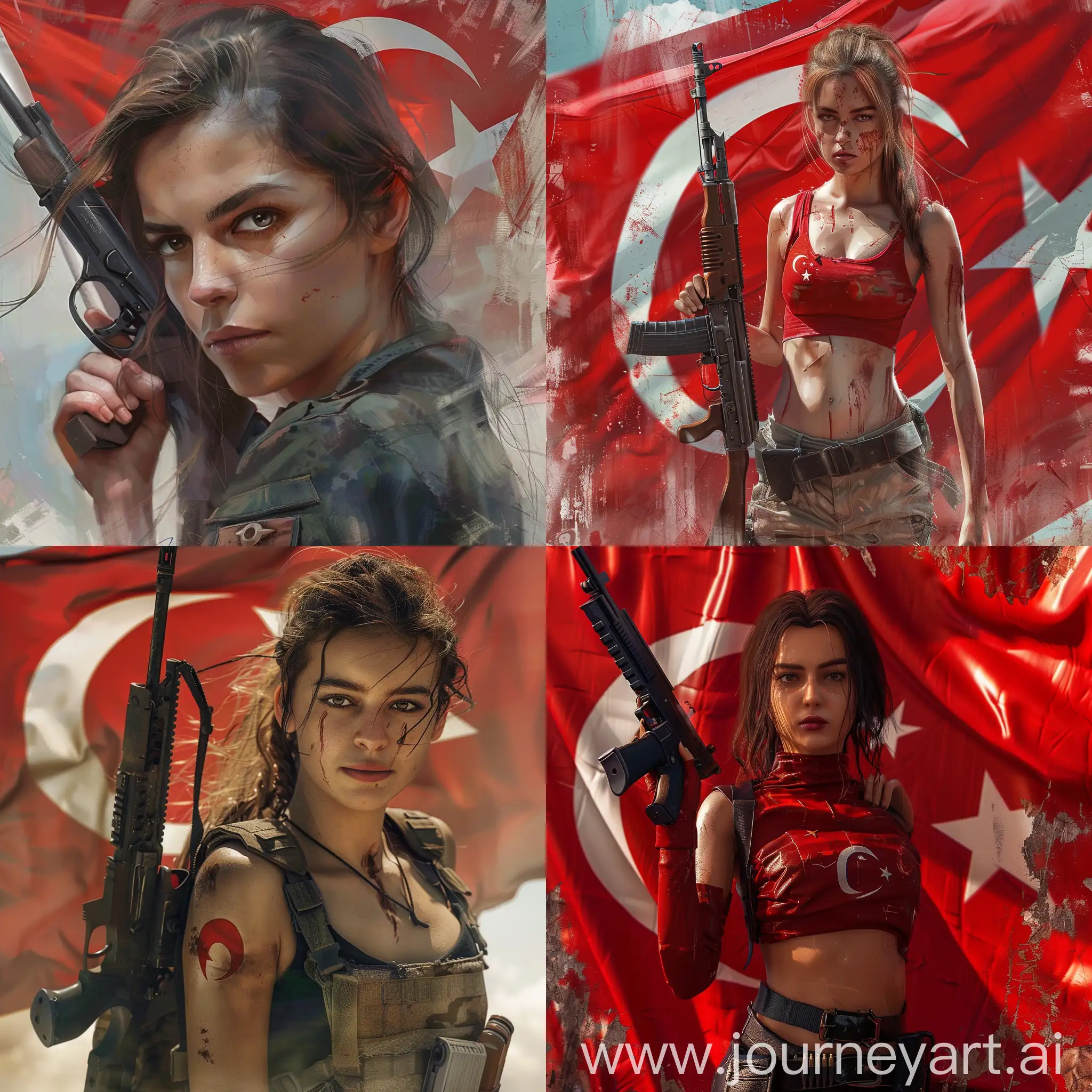 with gun , girl realistic , türkish flag