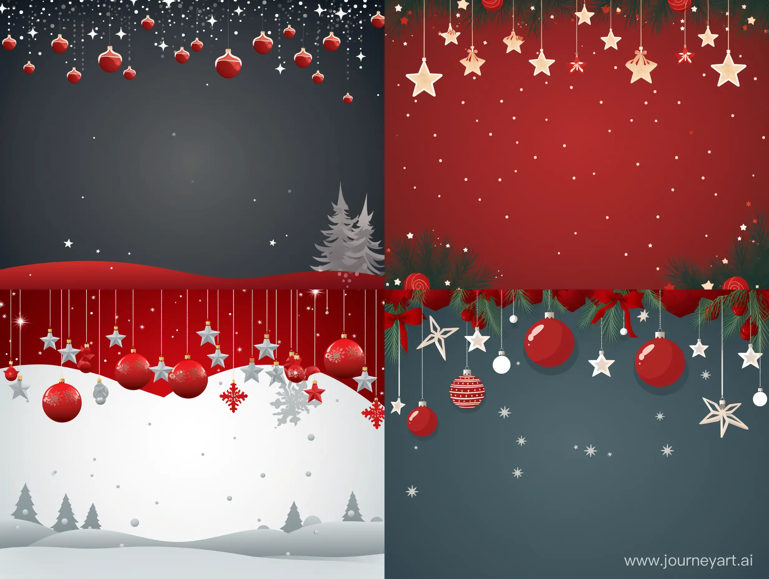 Christmas greetings card
where there is a New Year's ornament with stars, snowflakes, Christmas trees and New Year's balls
, and also where there is a place in the middle for text
, and the  greetings card should be in a modern minimal flat style
, and also the background should be Christmas red color
, and there should also be Christmas gifts at the bottom