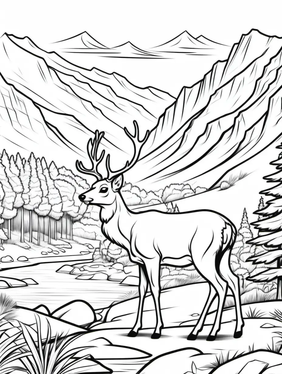 Serene Mountain Landscape with Cartoon Deer Coloring Page Sketch