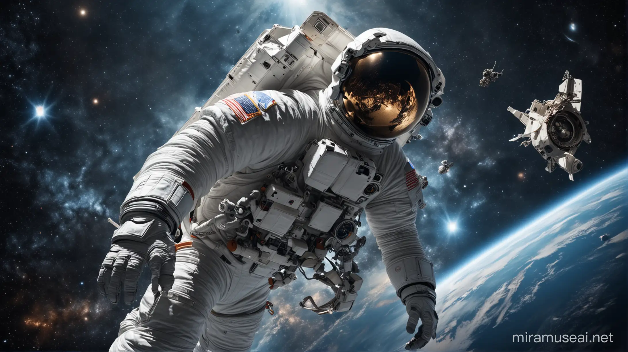 космонавт в скафандре в открытом космосе на фоне вселенной и космического корабля.
