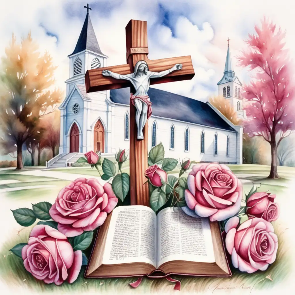 Ett kors gjort av rosor, en bibel lutar mot korset, en kyrka i bakgrunden . Med vattenfärg 