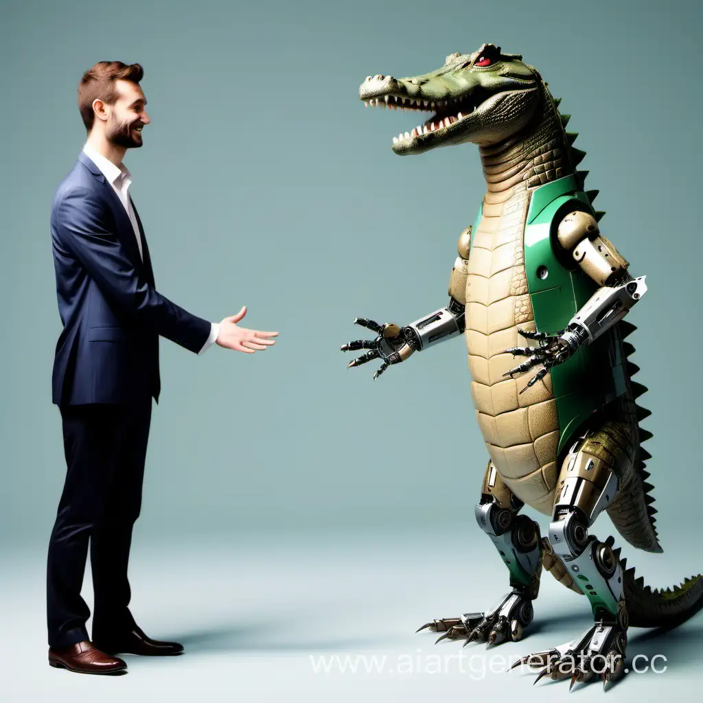 Реалистичный робот крокодил у которого есть лапы стоит рядом с мужчиной, которые приветствуют друг друга хлопнув одной из ладоней друг друга