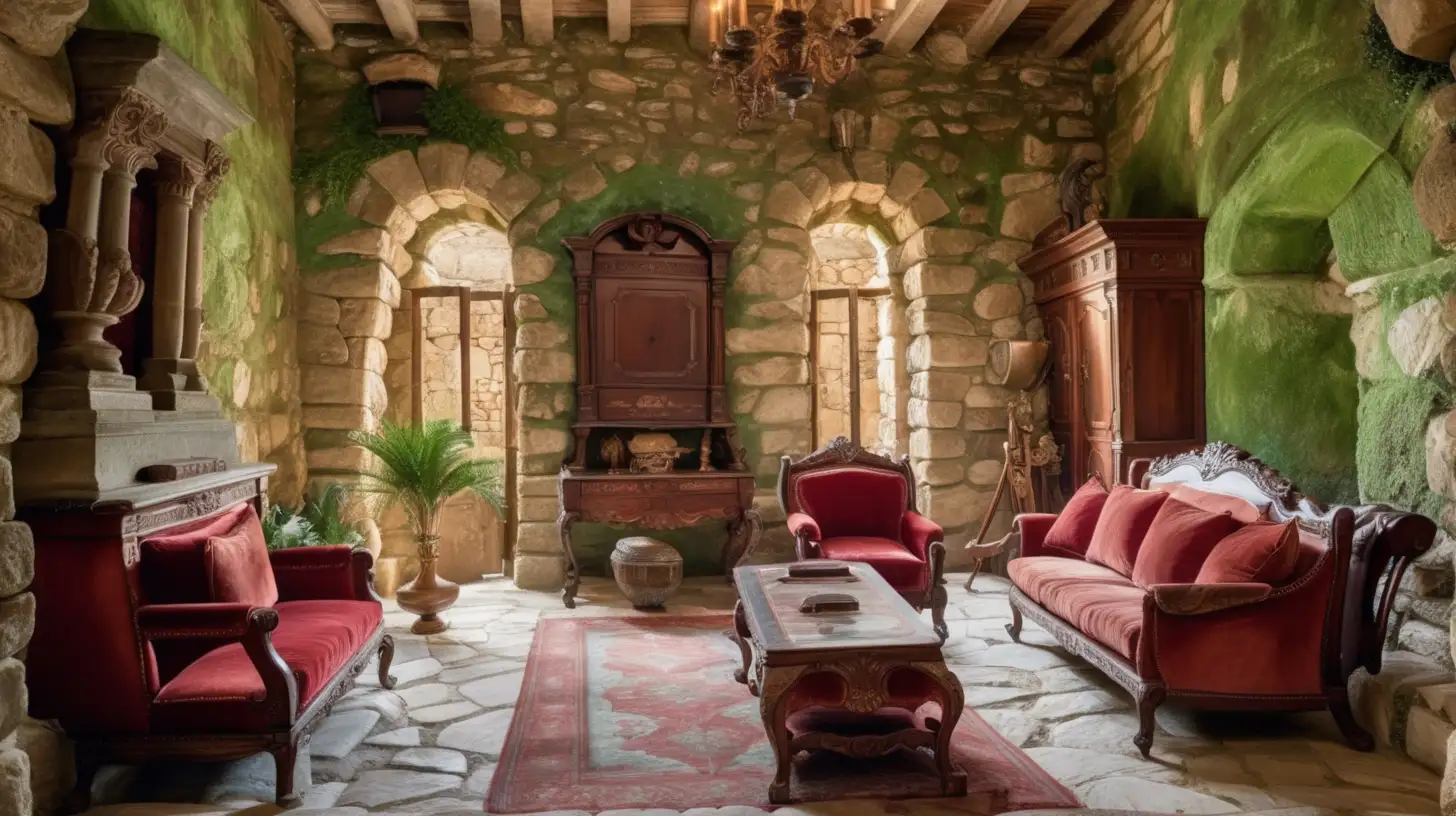 epoque biblique, intérieur d'une riche maison en pierre, les murs ont de grandes taches verdâtre et roussâtre, beau mobilier antique