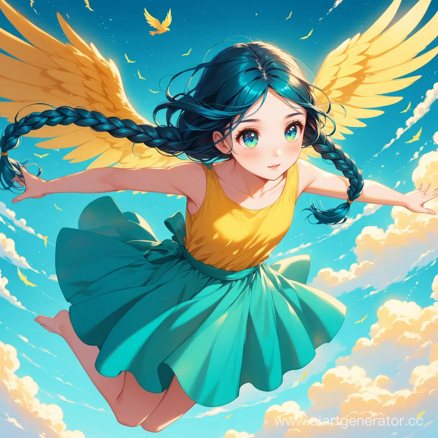 Fantasy-Girl-with-Dark-Blue-Hair-and-Yellow-Wings-Floating-in-the-Air