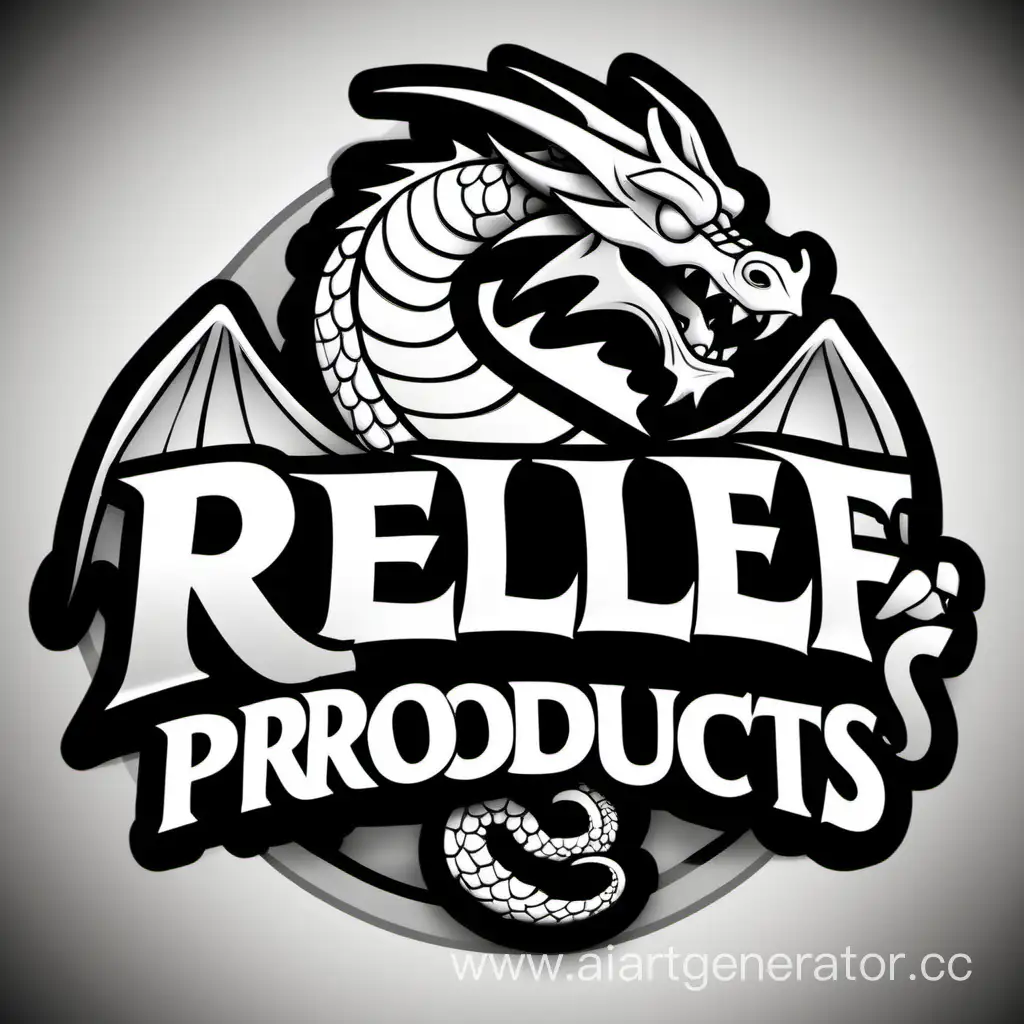  Relief Products текст к логотипу для бренда с изображением дракона  черно белый в стиле мультика
