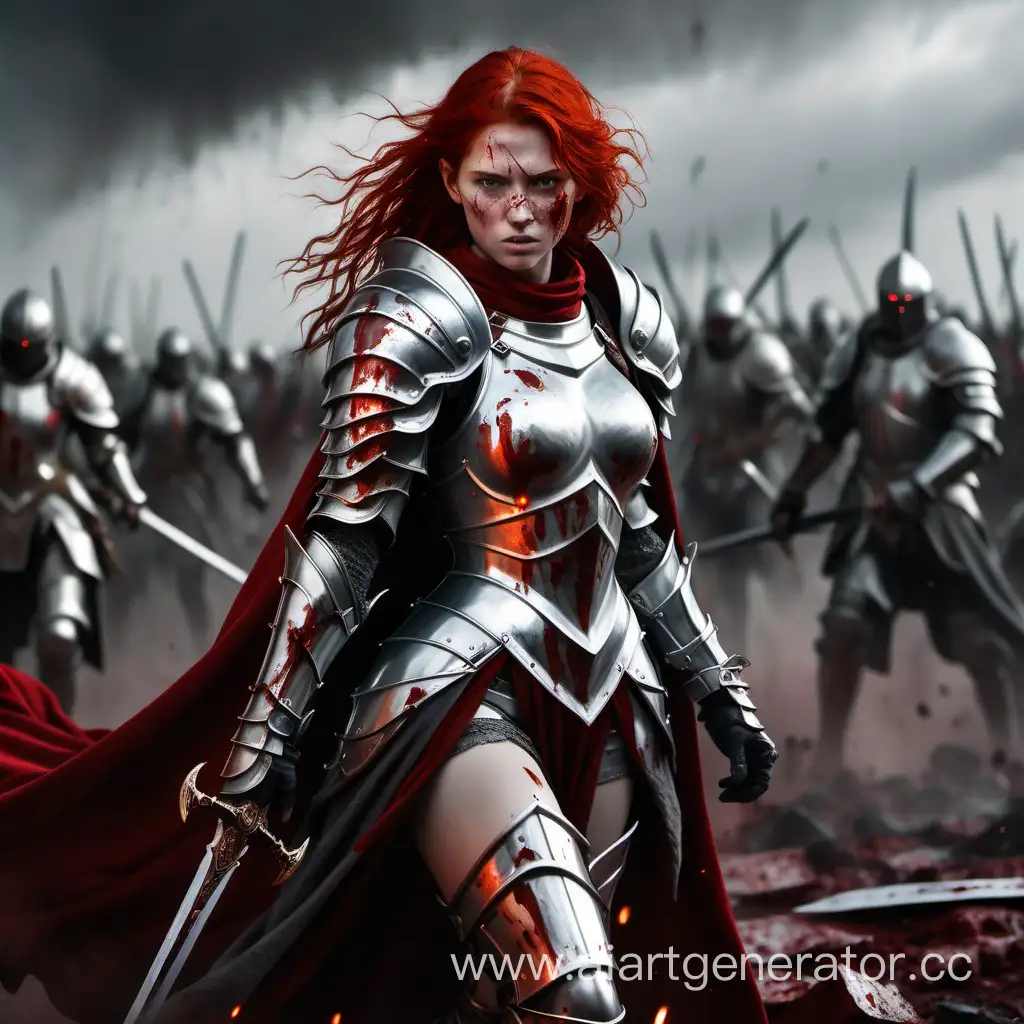 красноволосая девушка в серебрёных латах с мечем в руках посреди кровавого поля битвы, на ее спине красный плащ