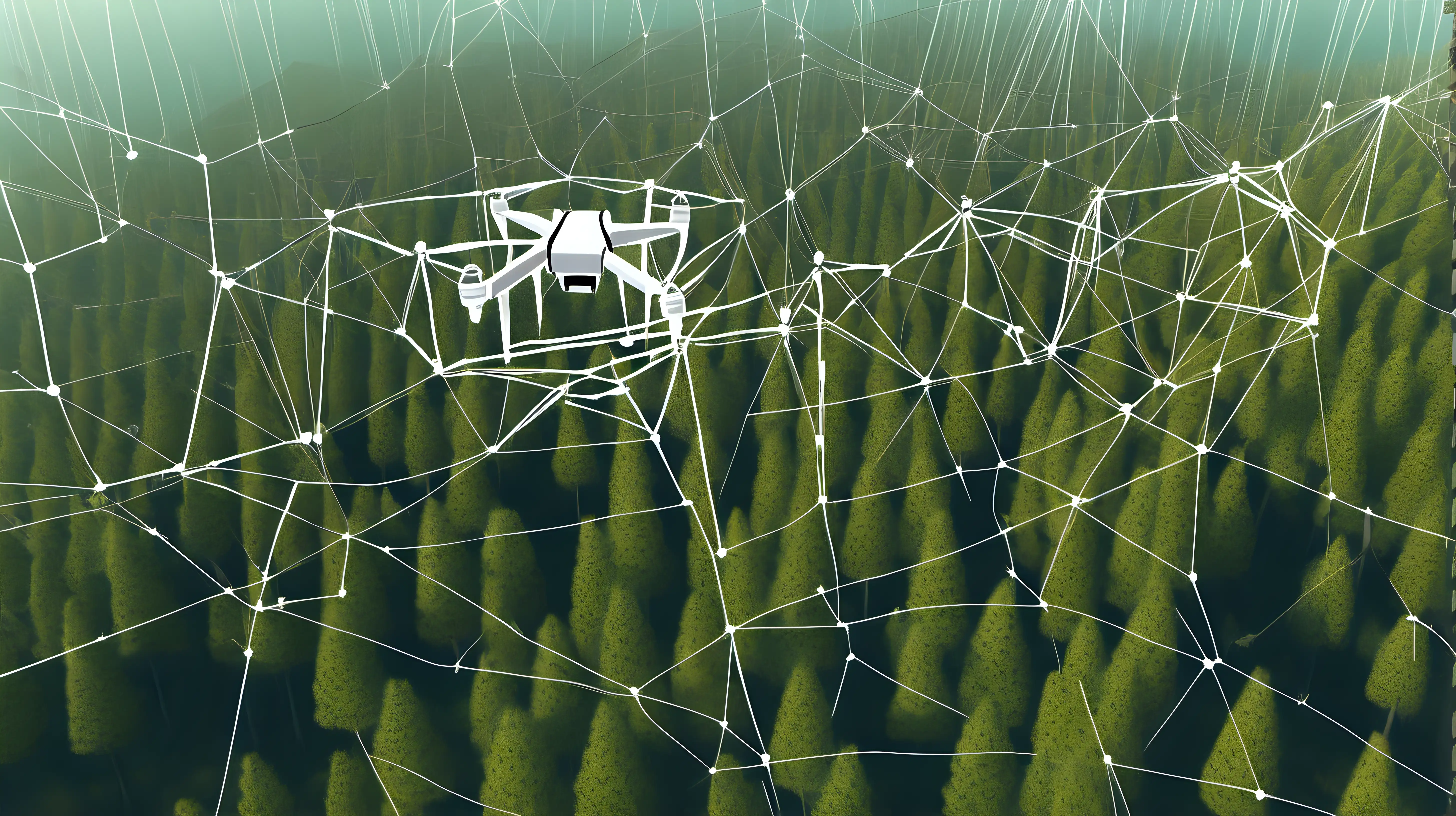 Draw a drone in the image flying over to inspect a segment of power grid network that crosses a pine forest.