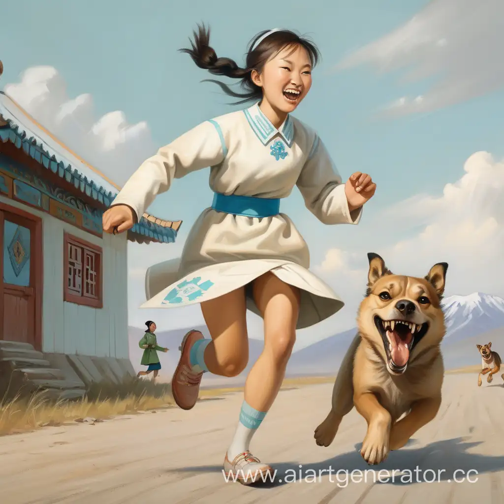 Молодая бурятская медсестра с голыми ногами и длинными рукавами убегает от зубастой собаки, собака хватает зубами её за юбку