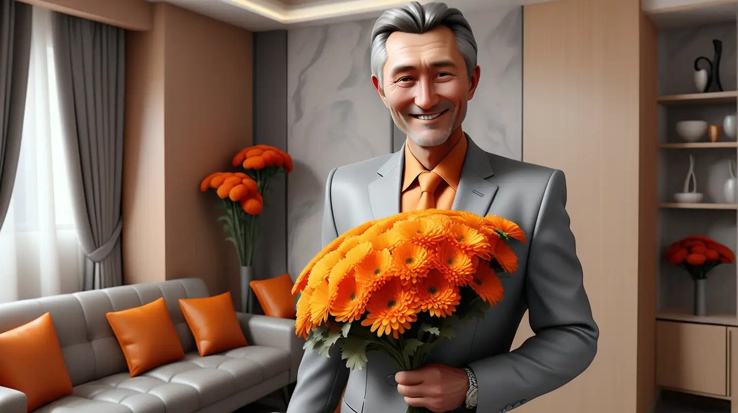 Stylish Kazakh Man Surprises Beloved with Chrysanthemums and Champagne