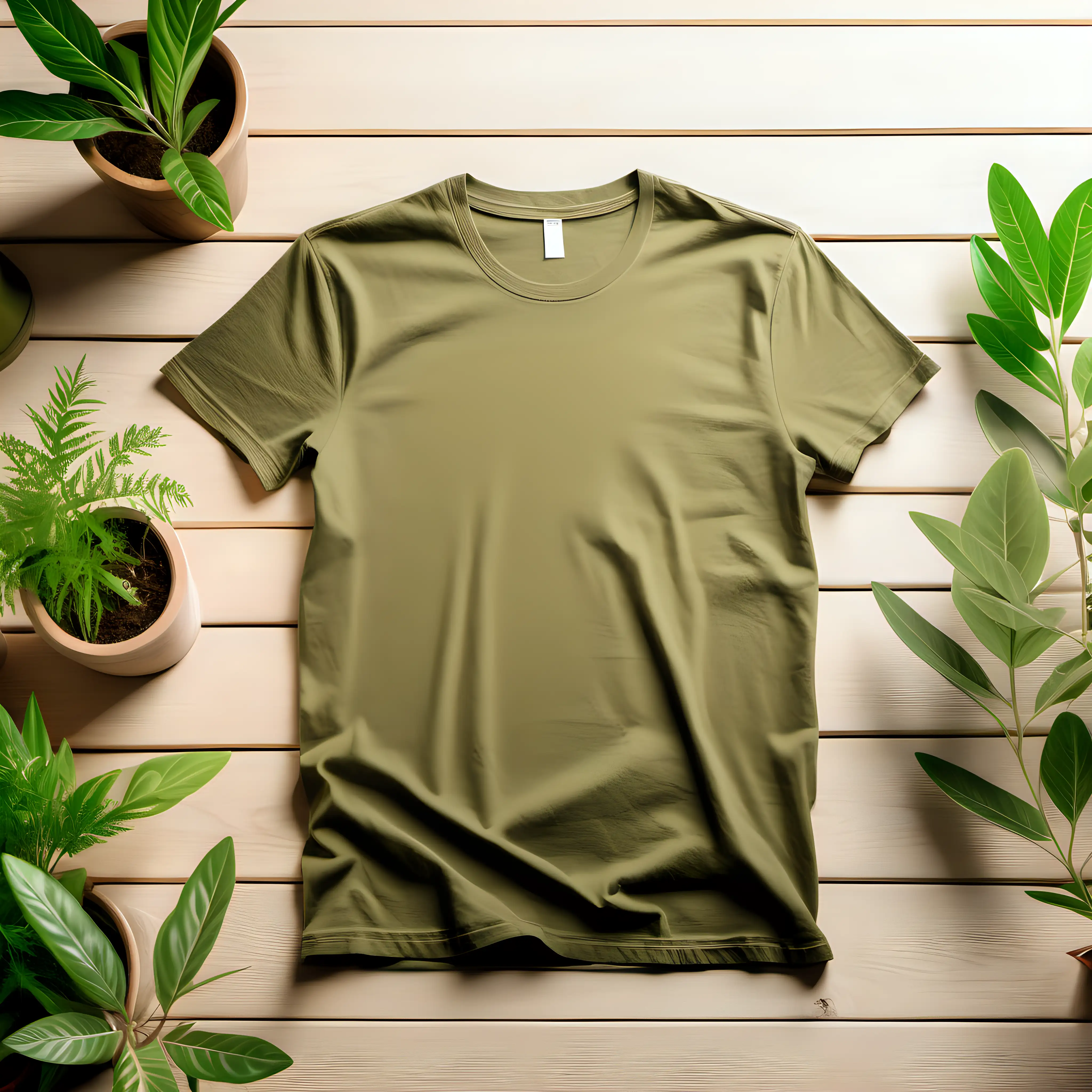 completely blank olive tshirt laying on a light wooden table with plants framing it, in bright light as a mock up