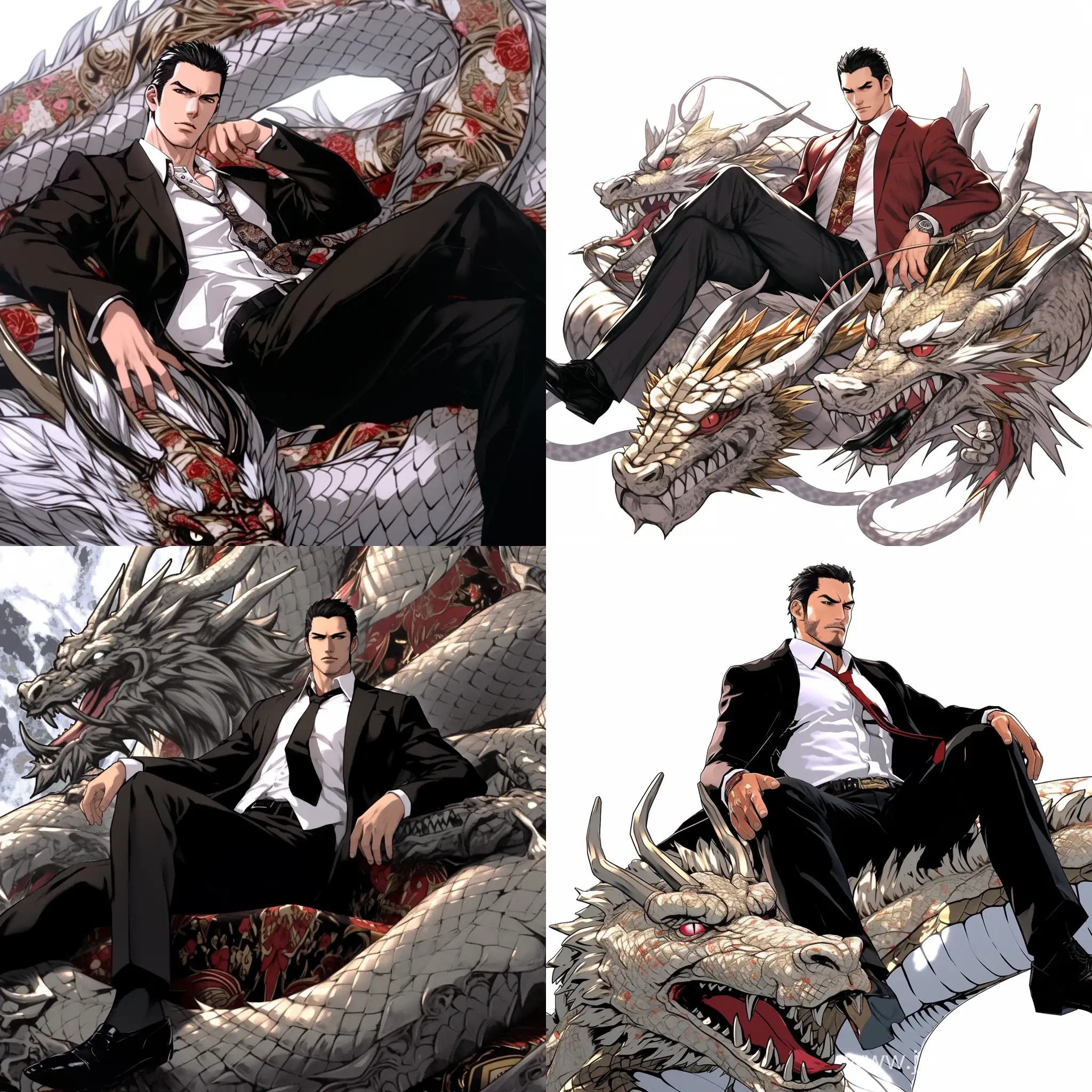 Kazuma Kiryu from Like a Dragon(game series) in Dragon of Dojima style, On his back to just above his thighs lies a white, grey, black, and red dragon grasping a pearl. His black hair is short and put in a messily slicked back style, quite handsome, having brown eyes that are commended to be beautiful, screenshot from an 90s anime, agressivly-calm, cel-animated screencap, highly detailed, bright colors, invisible ghost tranclucent type, red dragon aura, ultra detailed, ultra detailed, Film Lighting, hdr, 32k, Super Resolution, Mega Pixels, ProPhoto RB , Halfrear Lighting, Natural Lighting, Incandescent, Optical Fiber, Moody Lighting, Cinematic Lighting, Studio Lighting, Soft Lighting, Volumetric, Contre-Jour, Beautiful Lighting, Accent Lighting, Global Illumination, Screen Space Global Illumination, Ray Tracing Global Illumination, Optics , Scattering, Glow, Shadow, Rough, Flicker --niji 5