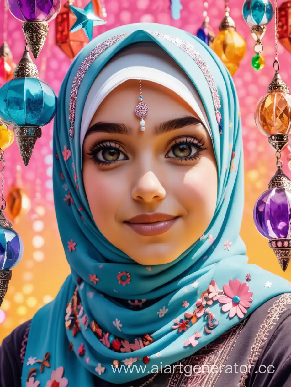 Девушка в хиджабе, множество украшений на ней, яркий фон сзади