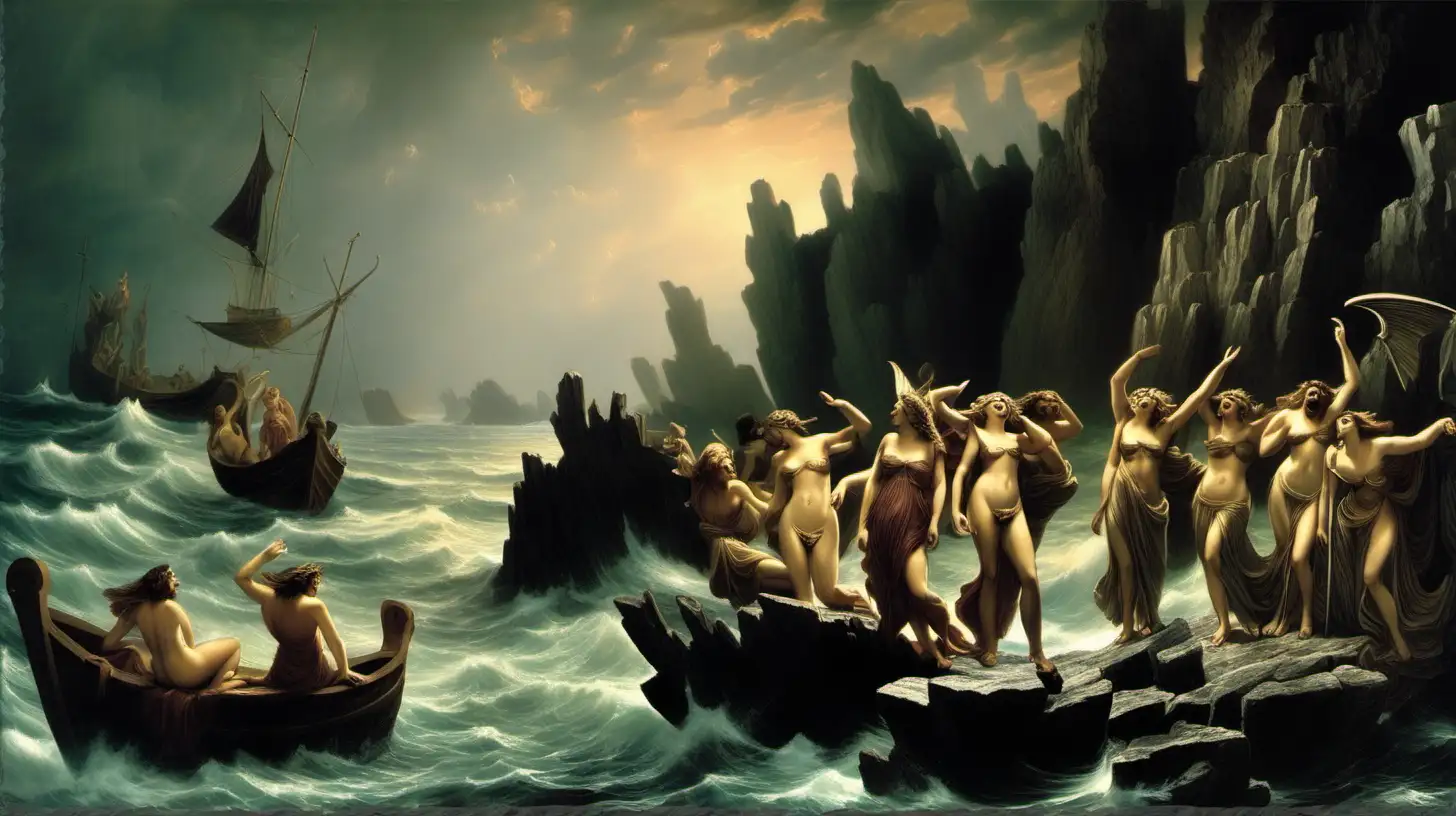Sirens  on an island with jagged rocks begging for Odysseus in his boat to come ashore from The Odyssey singing 
