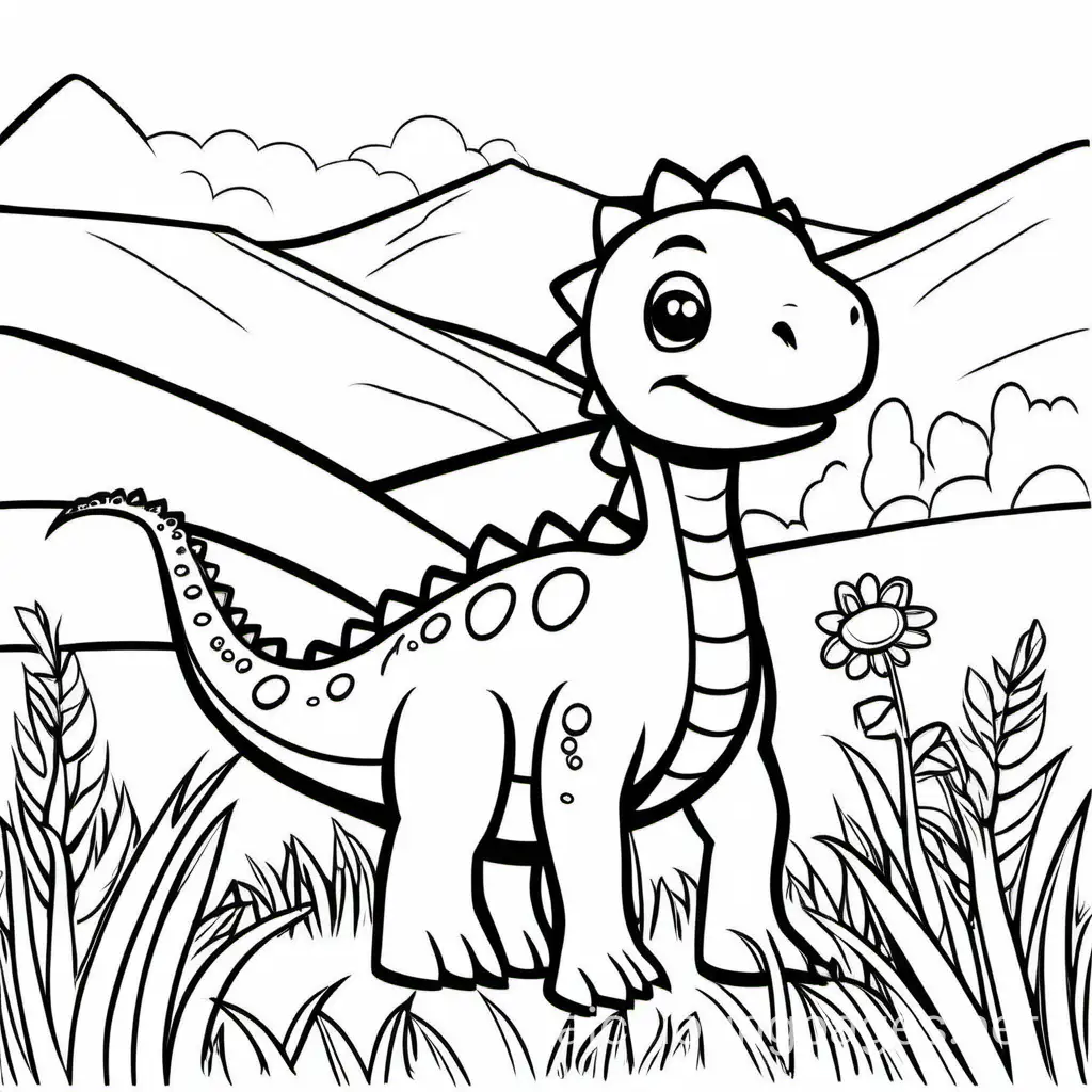 Create a simple and friendly dinosaur standing in a sunny meadow. The dinosaur should be large and the main focus of the image. It should have clear, bold lines and not too many small details, making it easy for a child to color in. The meadow can have a few trees and flowers, but remember to keep the overall image simple and fun, Coloring Page, black and white, line art, white background, Simplicity, Ample White Space. The background of the coloring page is plain white to make it easy for young children to color within the lines. The outlines of all the subjects are easy to distinguish, making it simple for kids to color without too much difficulty