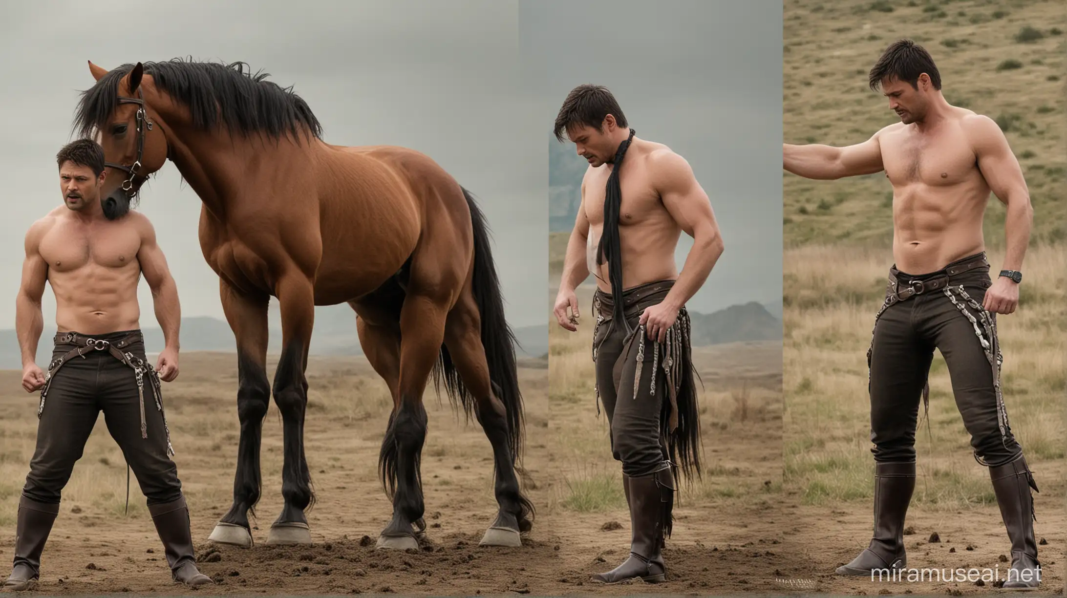 Karl Urban on all fours transforming into a horse. He has horse ears. He has horse legs. He has horse hooves. He has a horse tail. He has a complete horse body. And he's neighing like a horse. But his head is human.