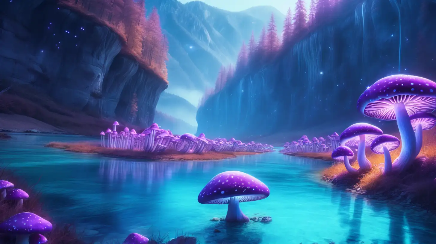 fairytale magical purple mushrooms in a glowing bright blue river in the mountains by ocean cliffs