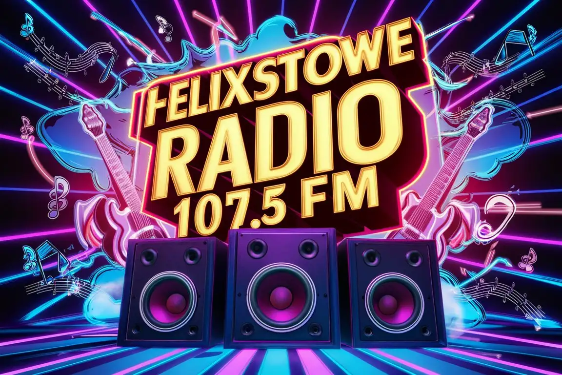 The name in 3d: "Felixstowe Radio 107.5 fm” sitting on a set of speakers, musical images surrounding the words, 3d render, cartoon cinematic, typography v0.2, illustration, cinematic, typography, 3d render lots of  neon colours
