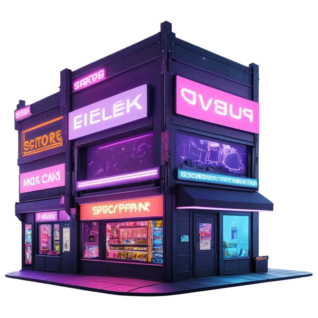 cyberpunk city with store front