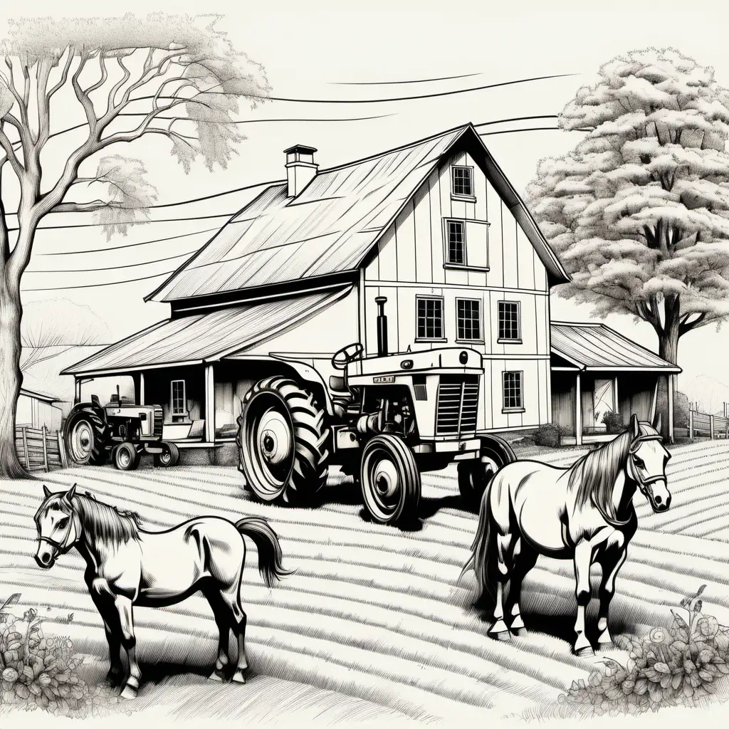 old farmhouse drawing,black lines vectorstyle,charm,tractor,horses