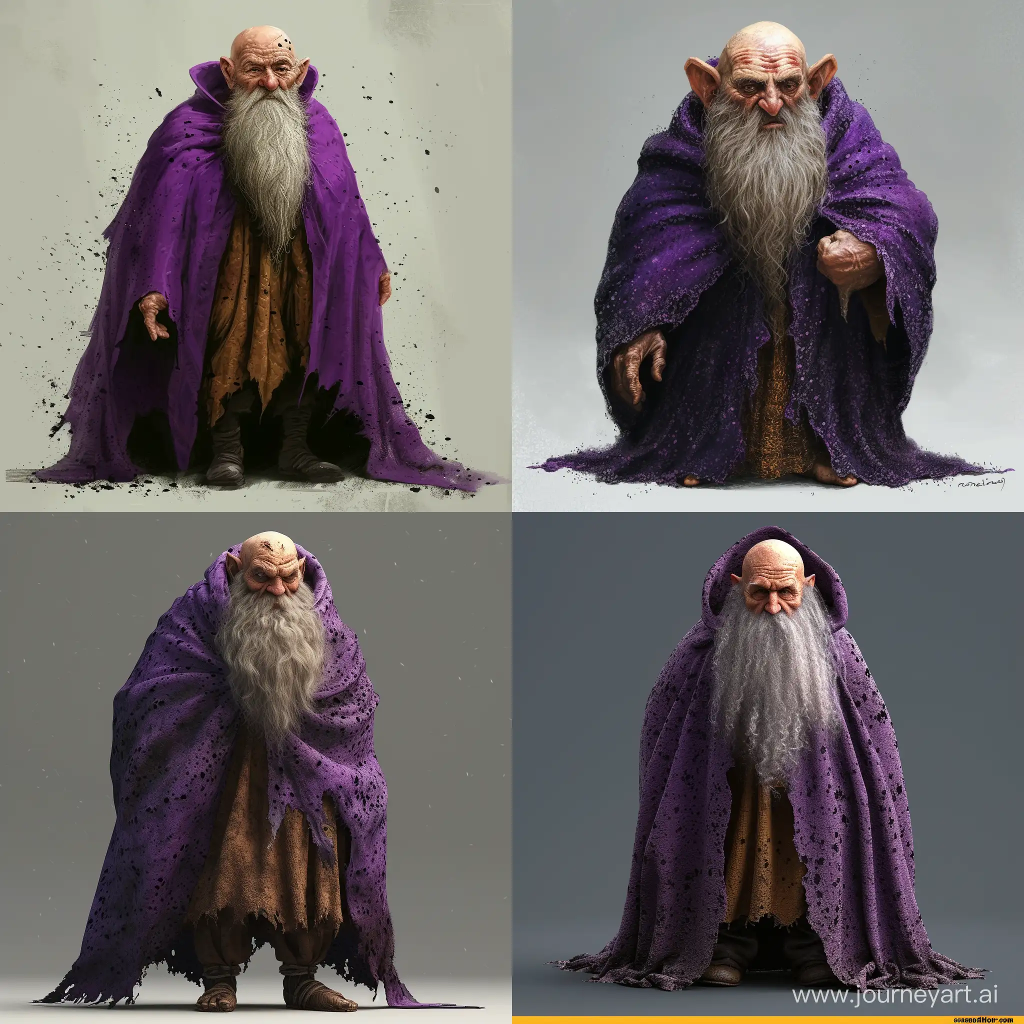 dwarf, wizard, old, big beard, hermit, bald, purple mantle with black speckles