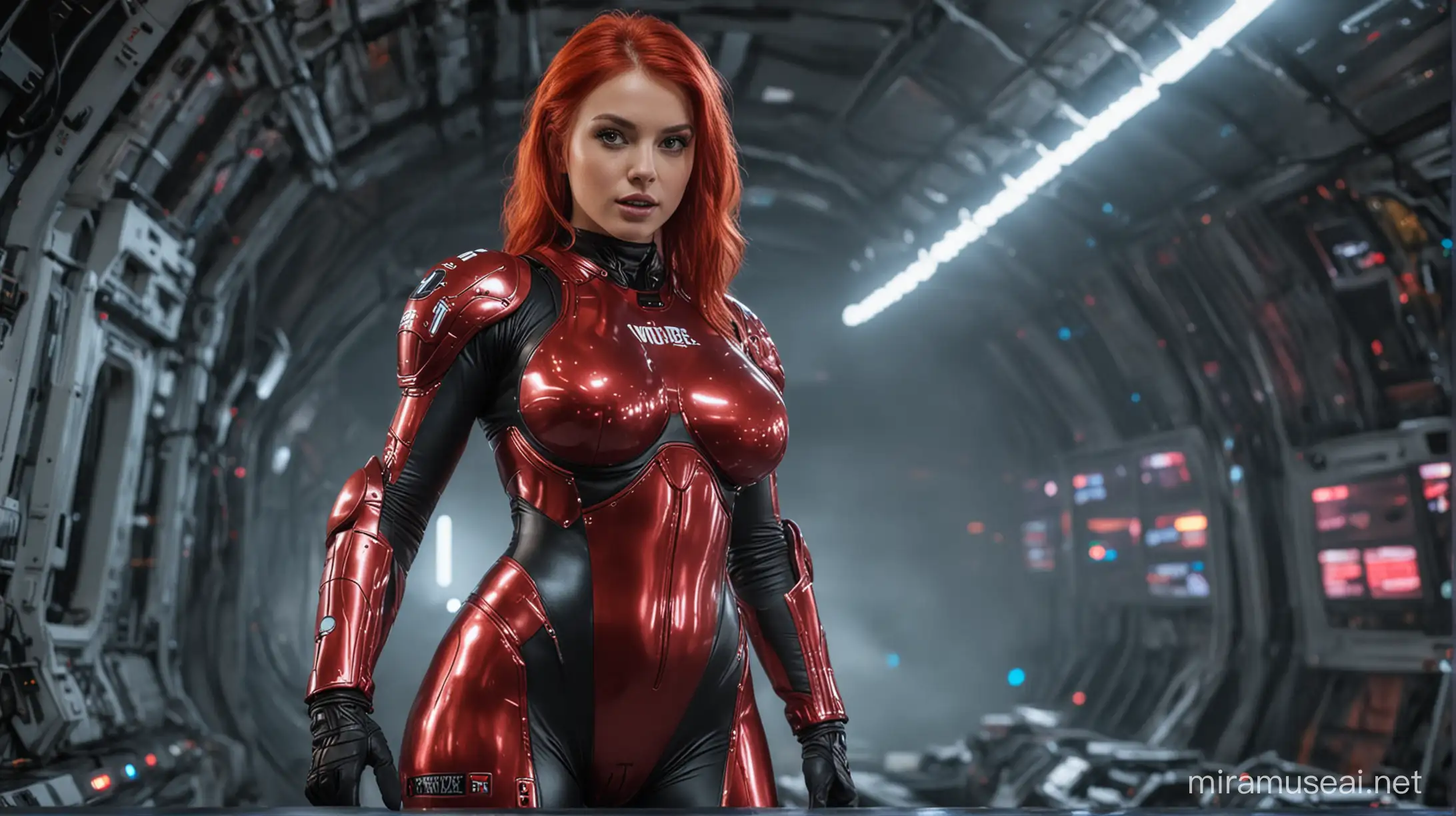 colorful youtube preview, background text BEST STREAM, sexy slim girl, extra large breast, red hairs, tight spacesuit, glowing spacesuit, armored spacesuit, space, 