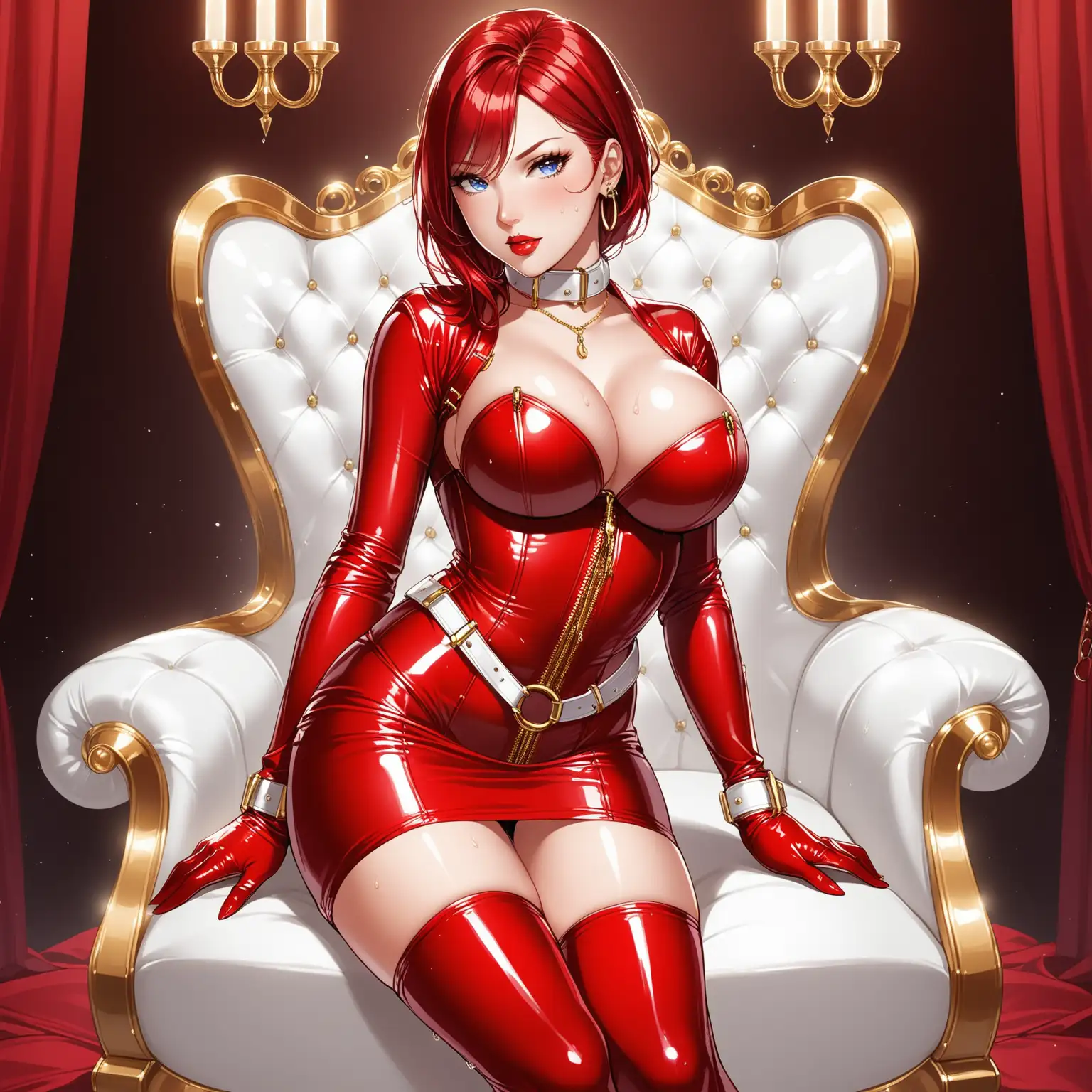 1 woman. She is 30 years old with blue eyes. She has short length red hair. She has big tits and is thin and fit. She is wearing a tight red latex corset, short skirt, very long gloves, high heels, gold jewelry, bdsm wrist restraints and a thick red latex bondage collar with a ring. She is mature and elegant and has shiny red lipstick on. She has a seductive expression. She is in a mansion with white leather furniture with gold accents. She does not look young, she looks middle aged. She is not sweaty or wet.