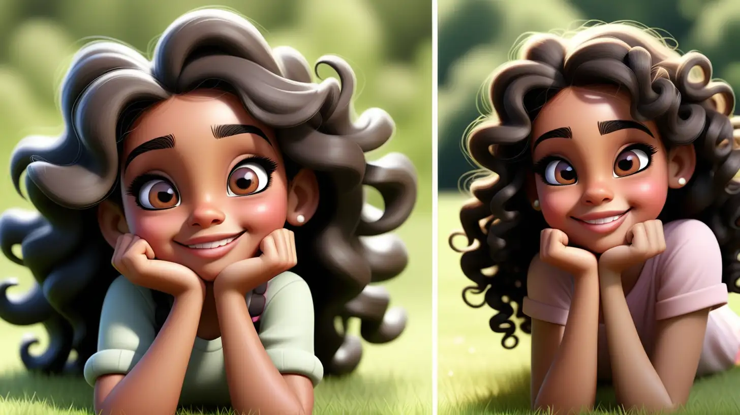 'A beautiful 7 year old girl' and 'cute' and 'light brown skin' and 'big hazel eyes long black eyelashes' and 'blush,beautiful lips' and 'round face' and  'laying on grass' and 'angle up shot' and  'extremely long black curly hair'
and 'dressed nice' like 'disney style' and 'cartoon character' and 'happy smirk' and 'nature landscape'