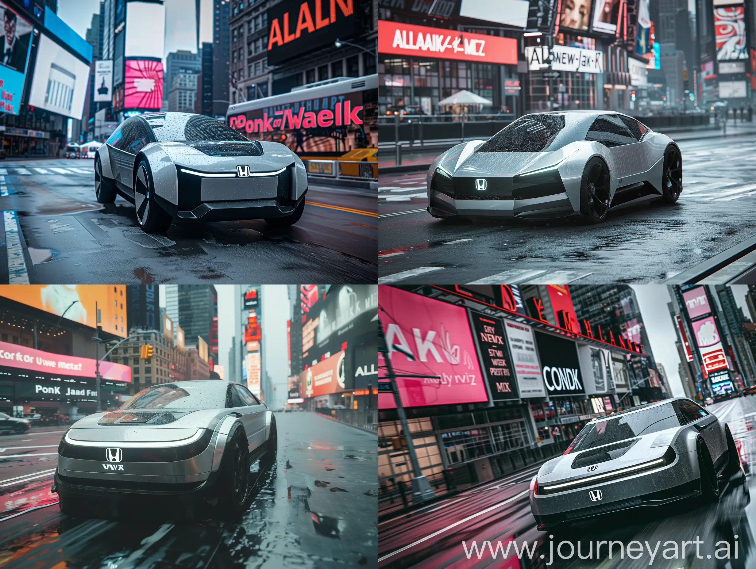 a raw photo showcasing the full Dutch Angle of a silver autonomous electric futuristic Honda vehicle driving on the street, natural lighting, cinematic, photograph, environment, new york city, photo, day time, rainy weather, atmospheric, custom buildings, infrastructures the photo should look like it was taken by a processional camera, the text should say 'alone' an underneath the alone text should say 'phonk/wave mix', the font style should be cinematic an futuristic to match the vibe, the whole text itself should be spelled perfectly to precise, the vehicle design looks sci fi, the vibe of the photo should be moody, billboards, the photo should be detailed to precise 4k,