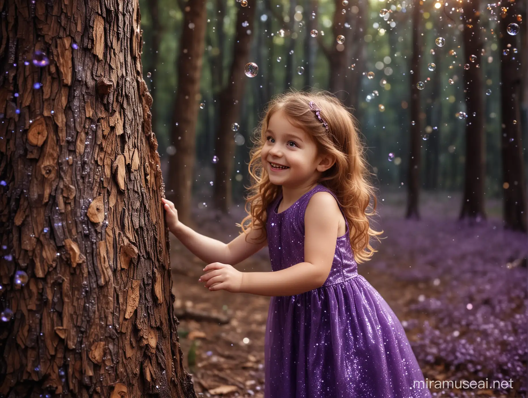 petite fille 6 ans cheveux châtain avec une robe violette sans manches dans une forêt sombre magique féérique. Elle aide un  écureuil à grimper dans sur un tronc d'arbre. La petite fille sourit de bonheur.  La forêt est remplie de paillettes qui volent partout et des bulles. Il fait nuit