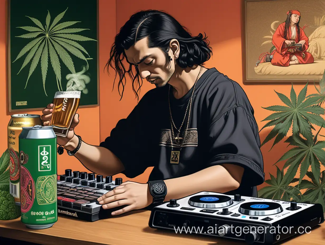 a german dark haired hip-hop samurai using a MPC Groovebox and a Roland SP-404 MK2 Sampler, drinking beer, smoking cannabis, he is getting assisted and admired by a blonde lofi girl, Rembrandt lighting, MPC, SP-404 MK2, Spraycans scattered around, art deco